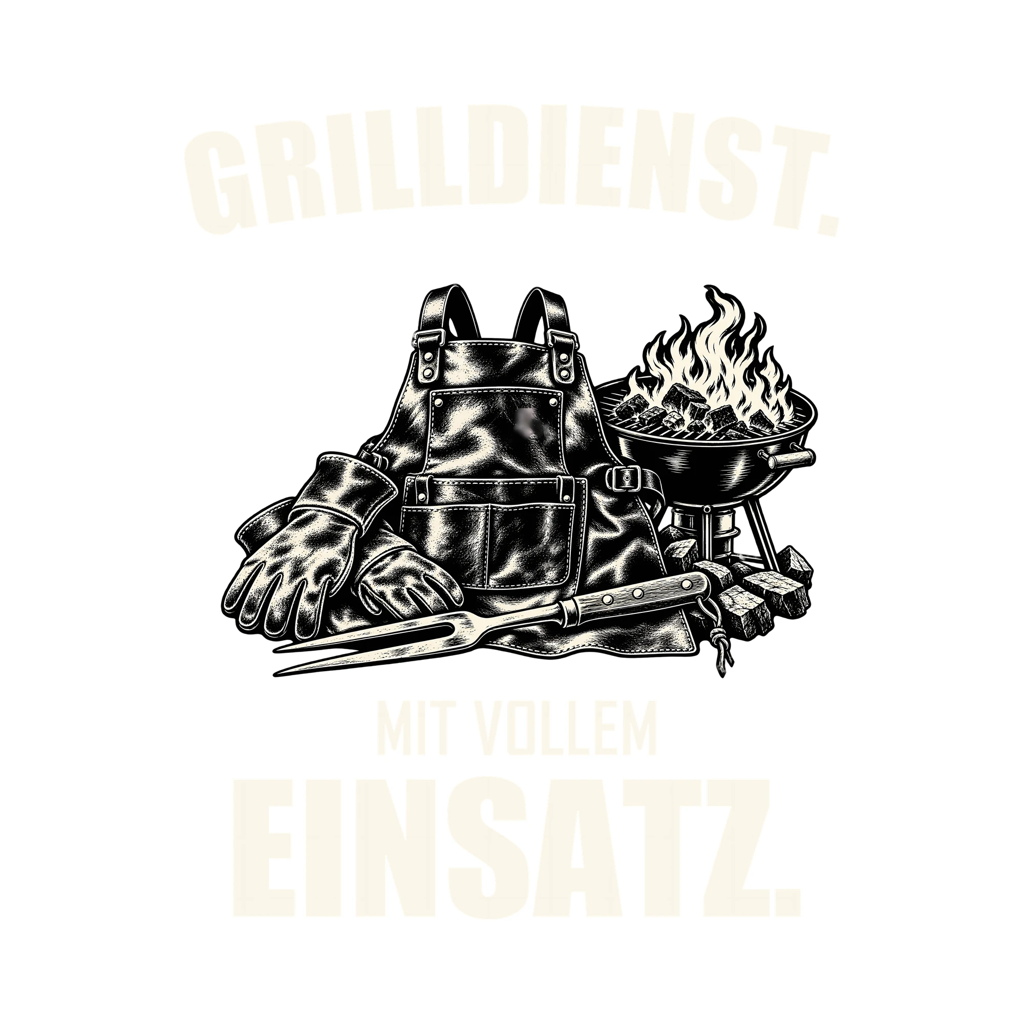 Bügelbild GRILLDIENST. MIT VOLLEM EINSATZ. als Grafik auf weißem Hintergrund (BB012044)