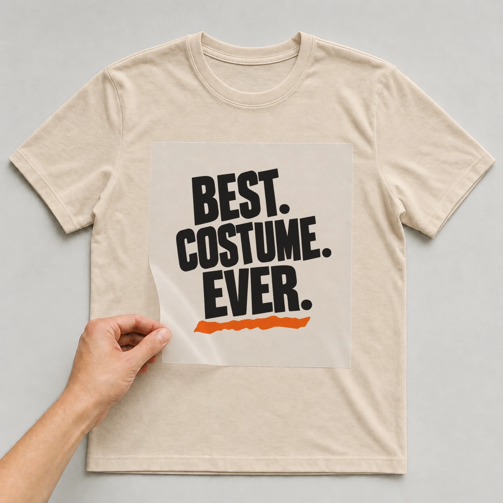 Bügelbild „Best. Costume. Ever.“ auf beigem T-Shirt, Folie wird aufgelegt