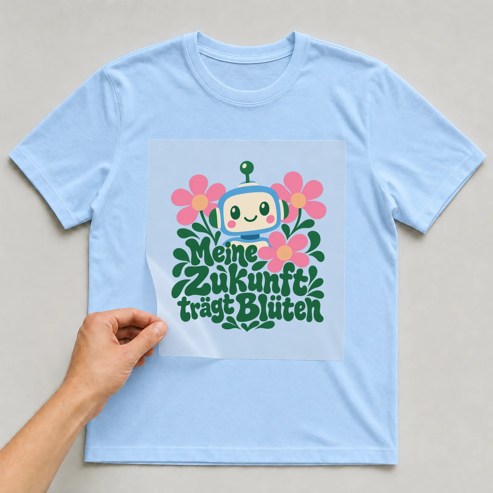 Bügelbild „Meine Zukunft trägt Blüten“ auf hellblauem T-Shirt, Folie wird aufgelegt