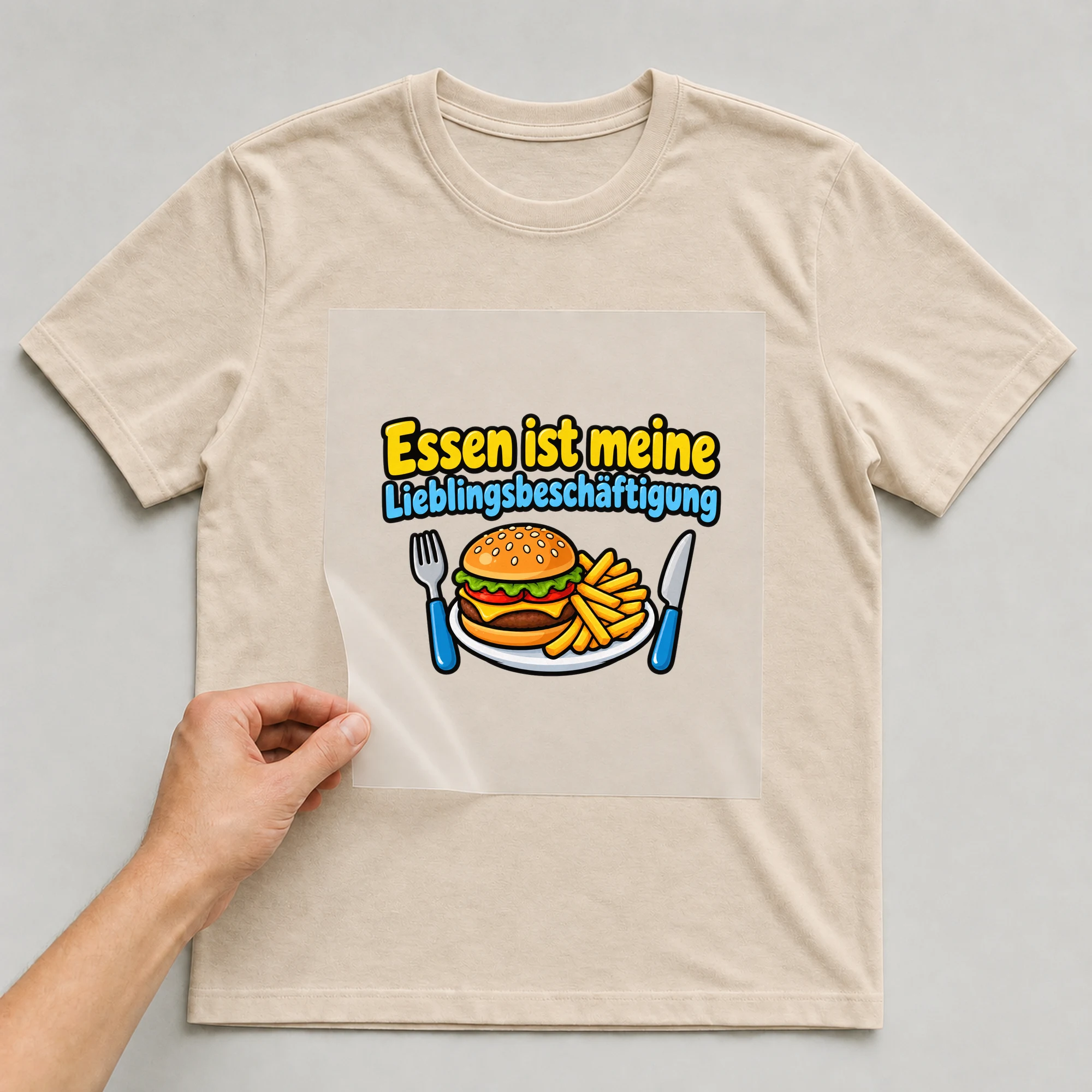 Bügelbild „Essen ist meine Lieblingsbeschäftigung“ auf beigem T-Shirt, Folie wird aufgelegt