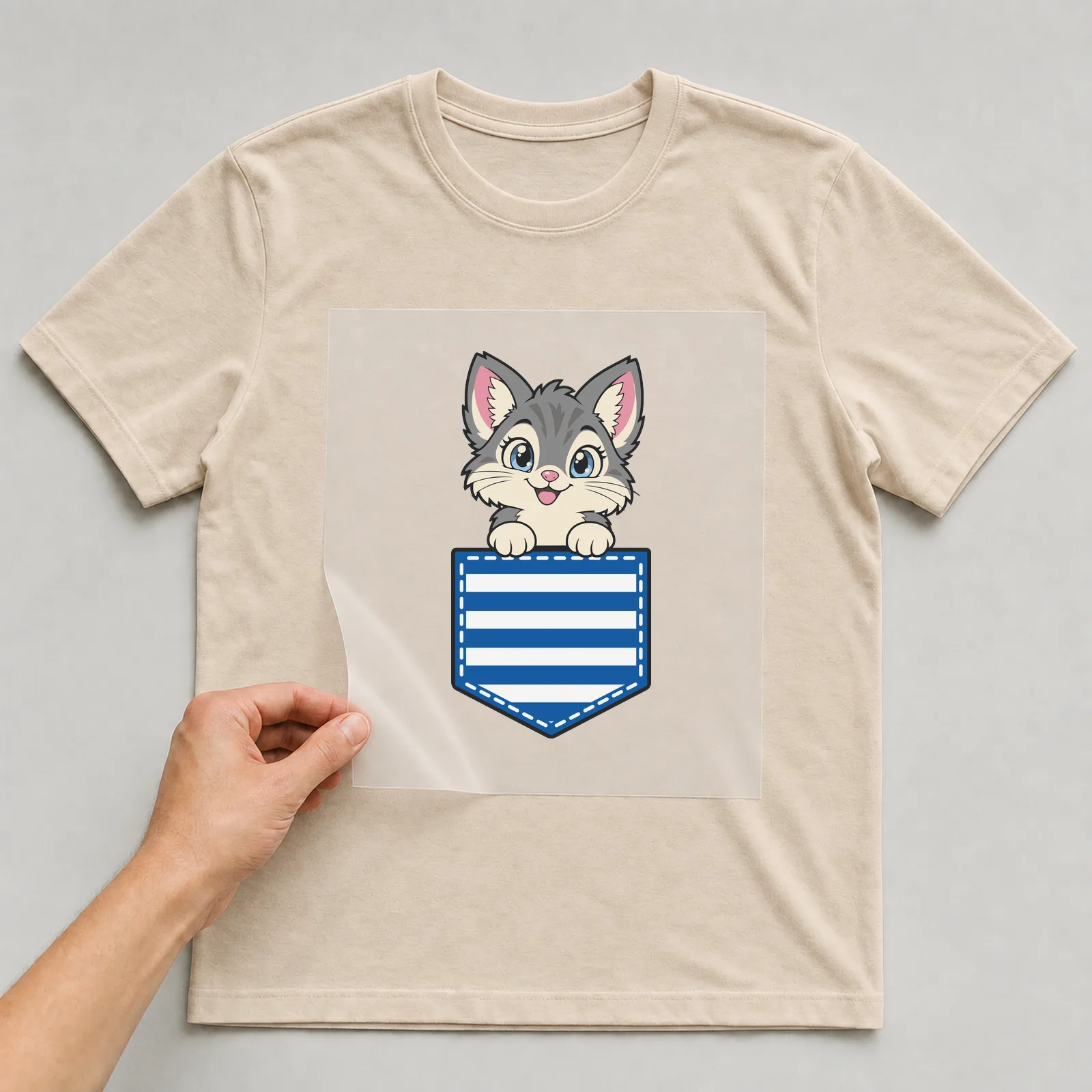 Bügelbild Brusttasche Babykatze auf beigem T-Shirt, Folie wird aufgelegt