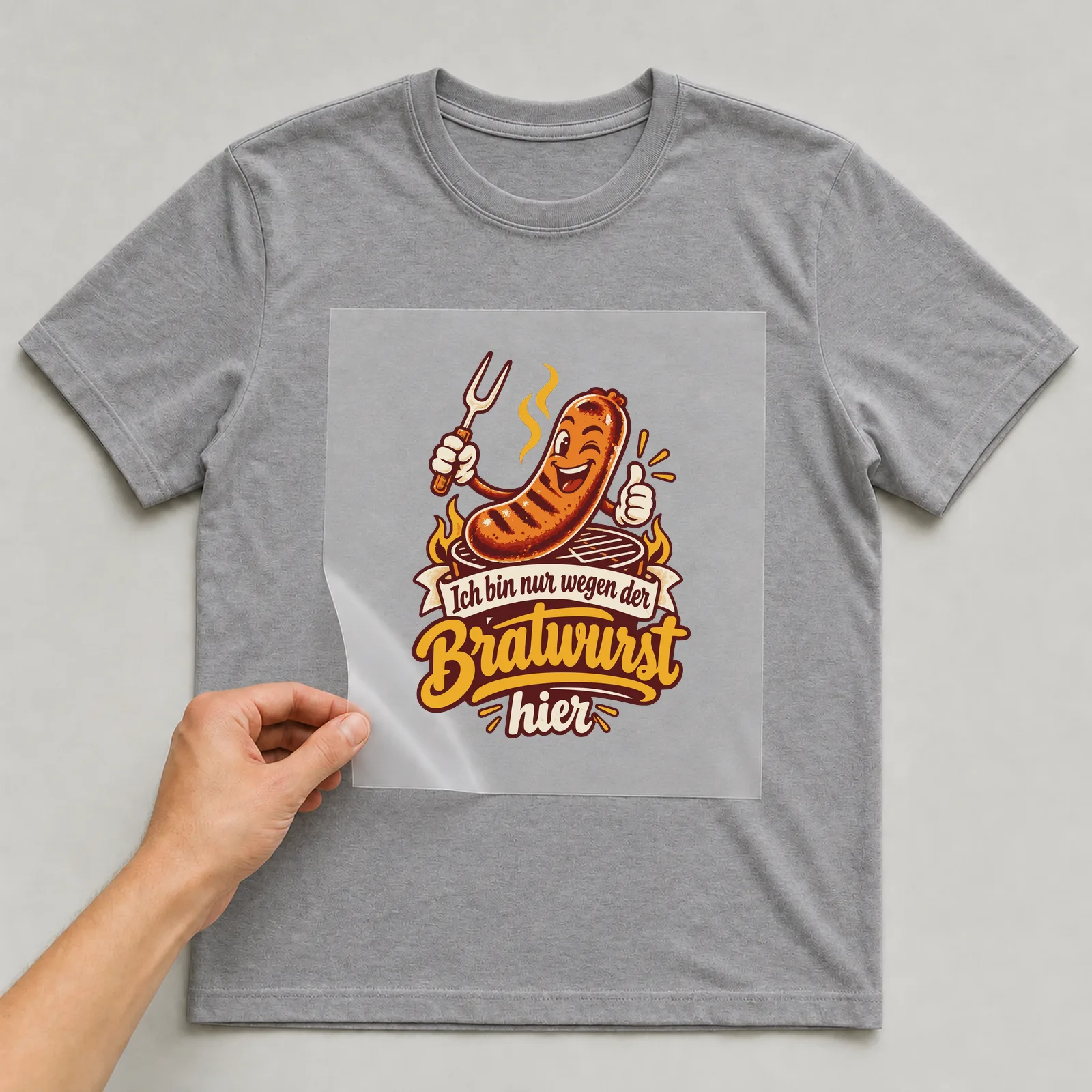 Bügelbild Ich bin nur wegen der Bratwurst hier auf grauem T-Shirt, Folie wird aufgelegt