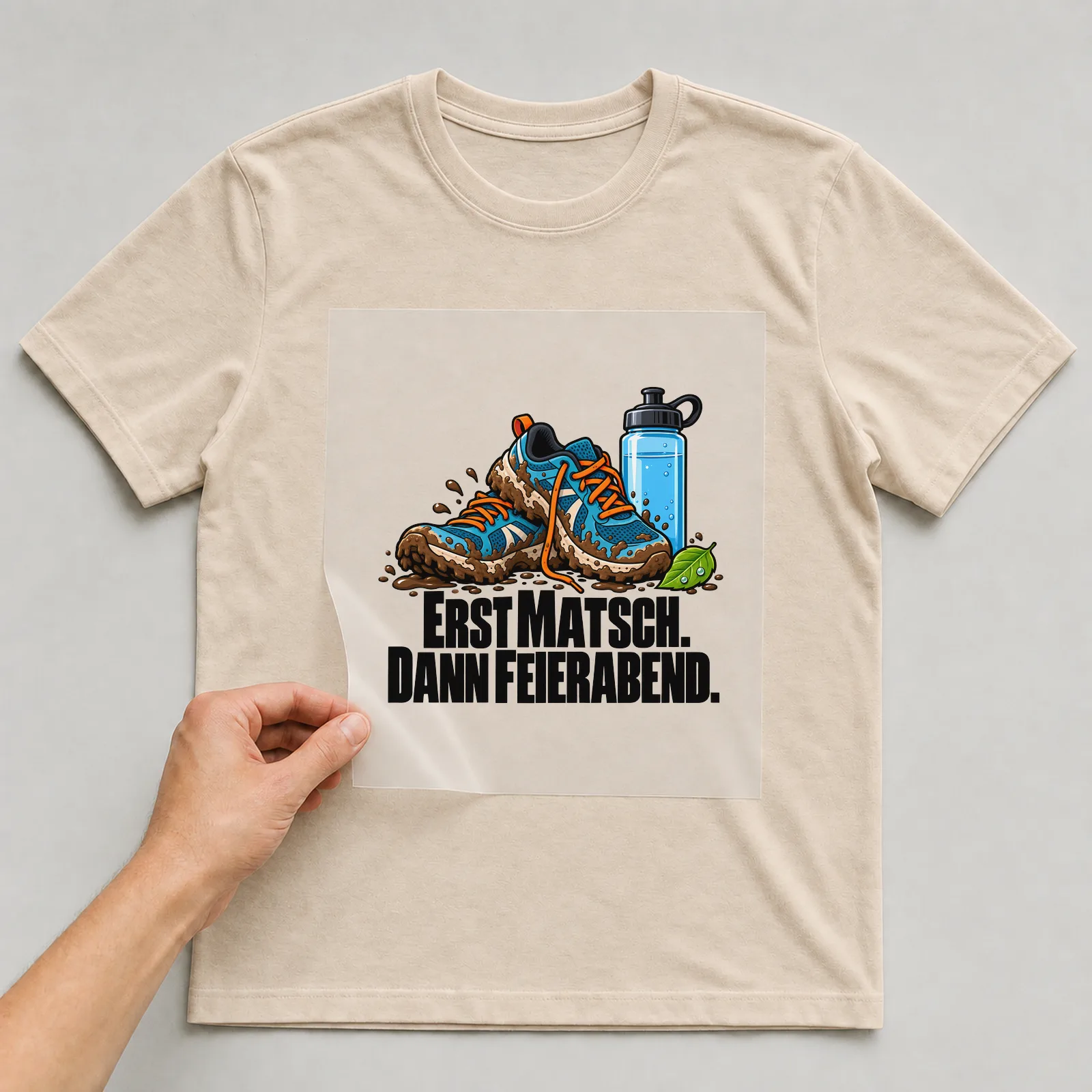 Bügelbild „Erst Matsch. Dann Feierabend.“ auf beigem T-Shirt, Folie wird aufgelegt