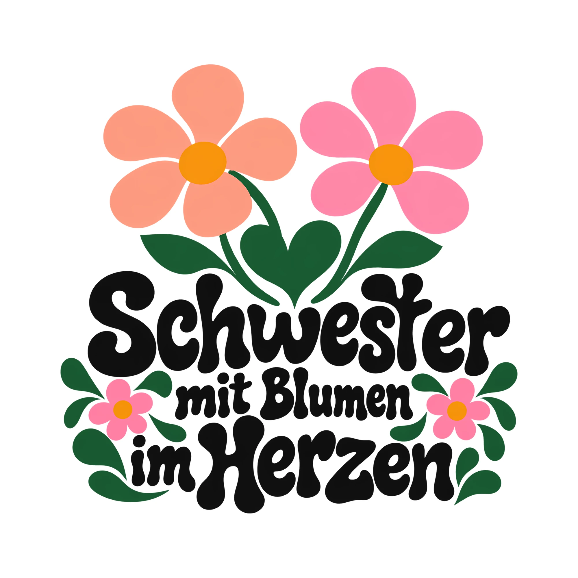 Bügelbild Schwester mit Blumen im Herzen als Grafik auf weißem Hintergrund (BB013469)
