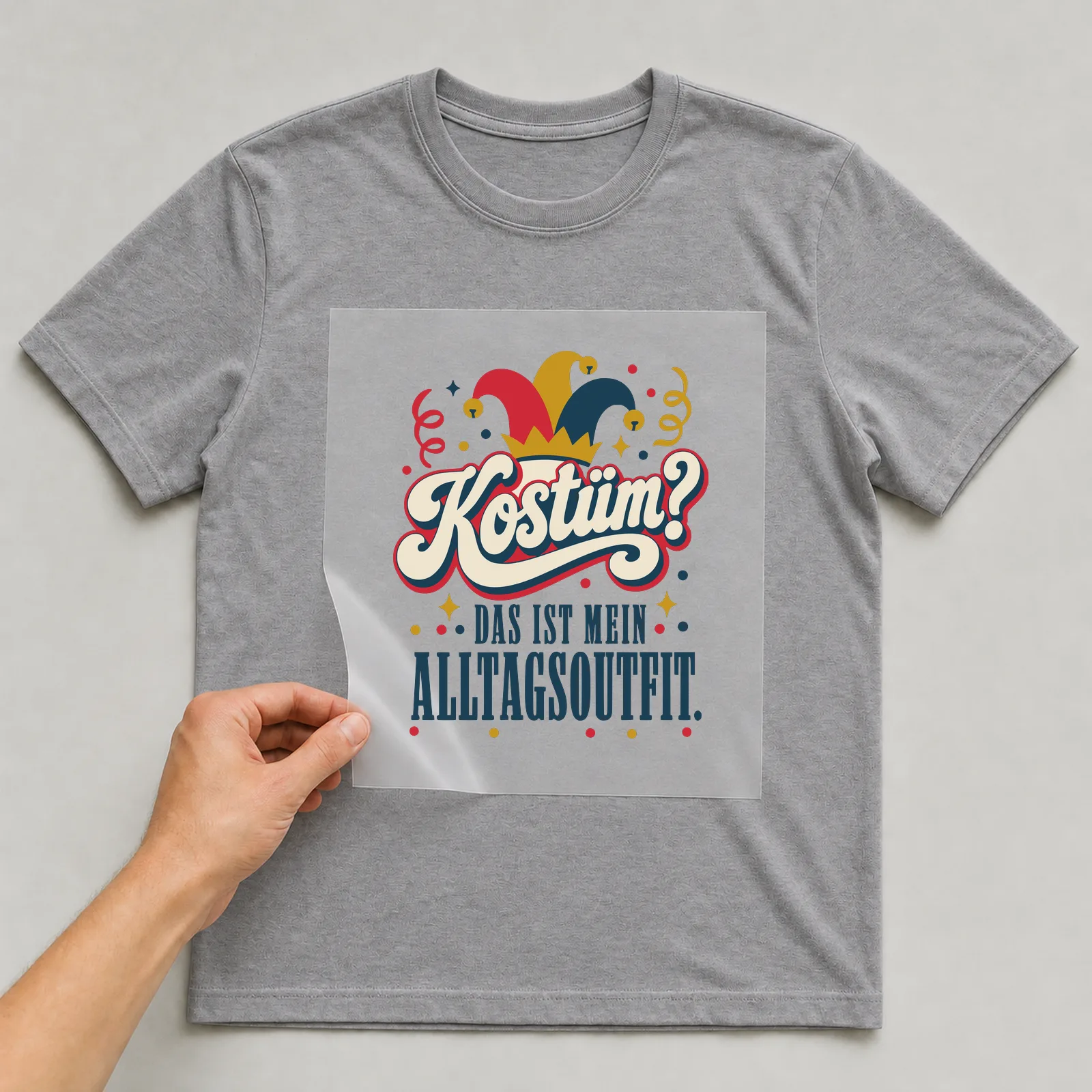 Bügelbild Kostüm? Das ist mein Alltagsoutfit. auf grauem T-Shirt, Folie wird aufgelegt