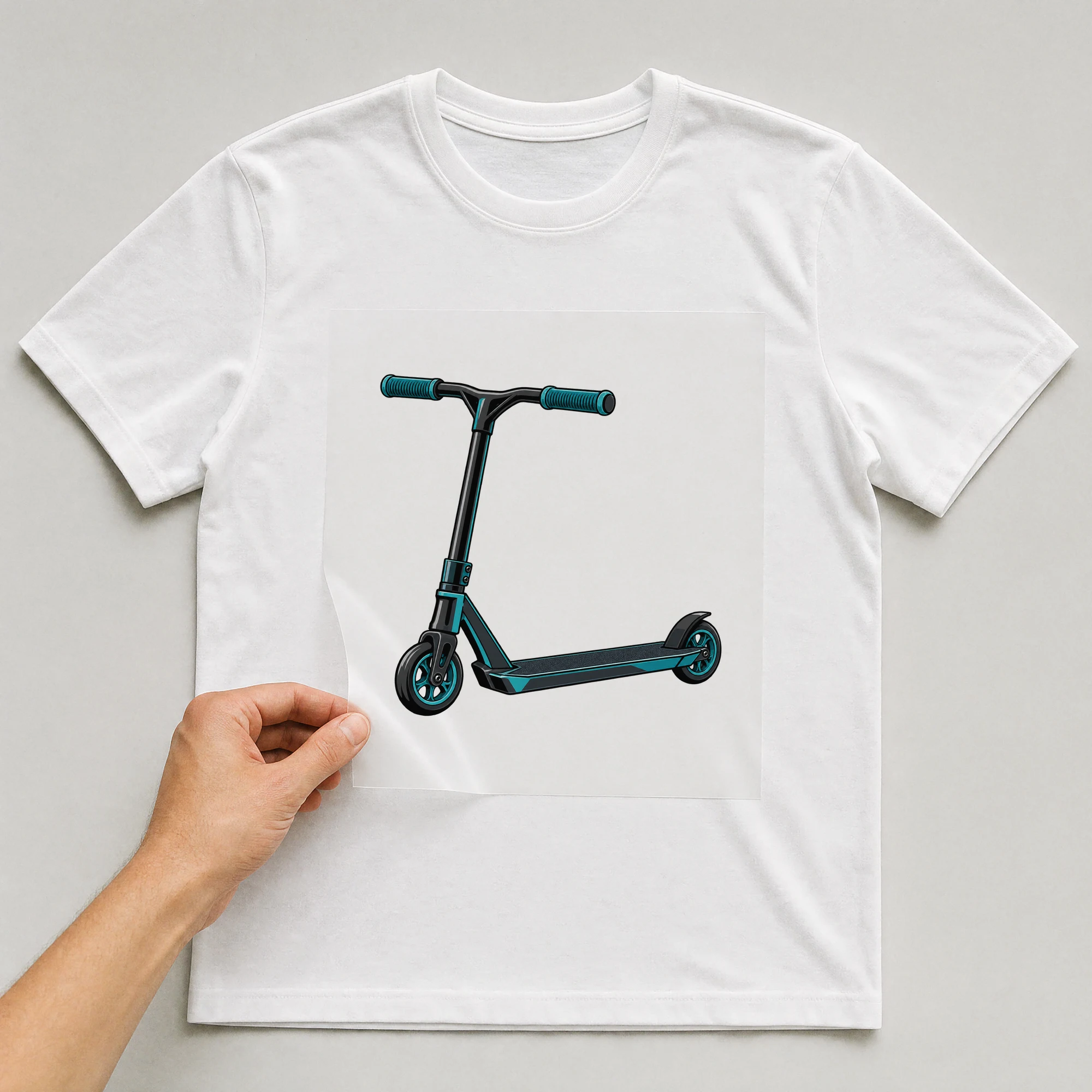 Bügelbild „Freestyle Scooter“ auf weißem T-Shirt, Folie wird aufgelegt