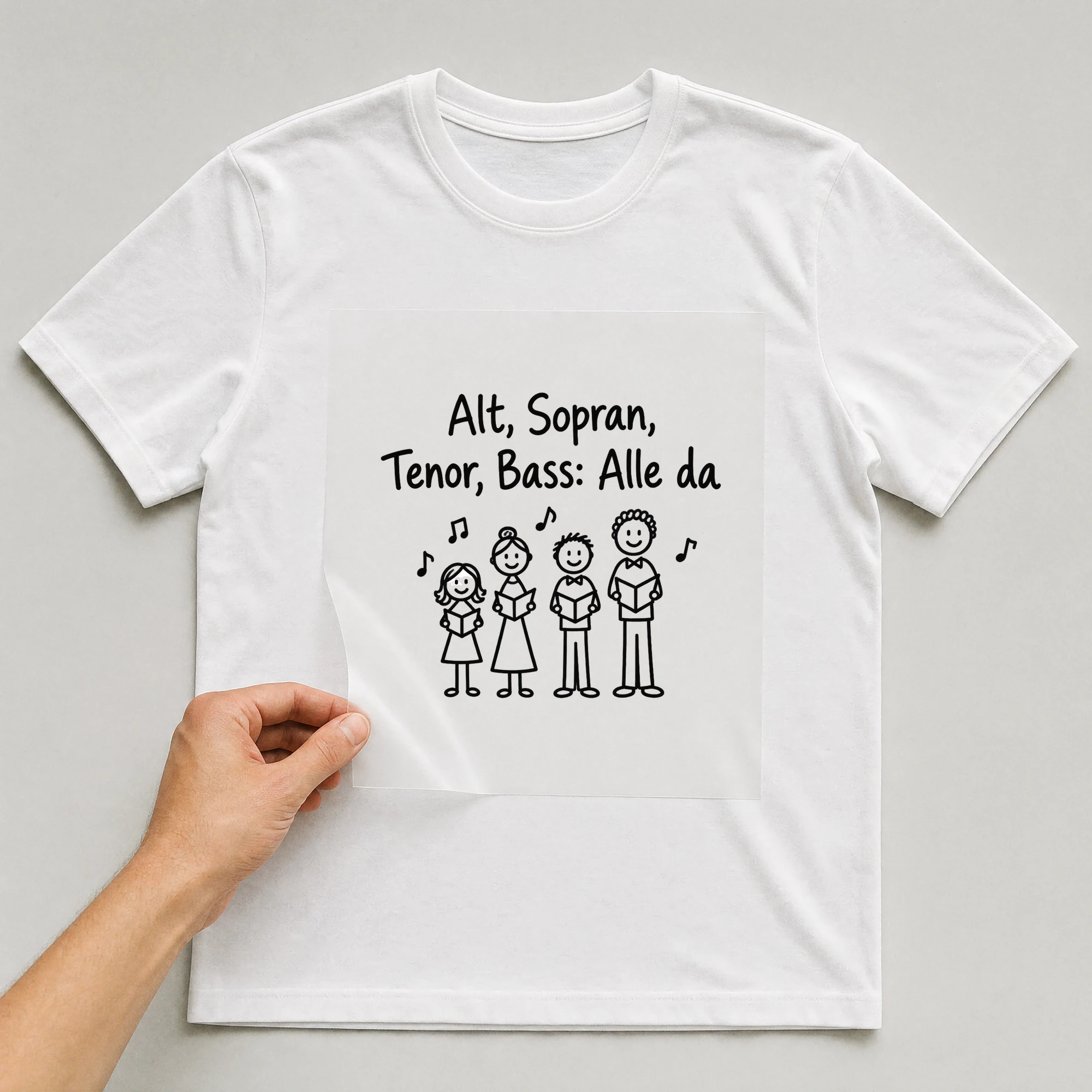 Bügelbild „Alt, Sopran, Tenor, Bass: Alle da“ auf weißem T-Shirt, Folie wird aufgelegt