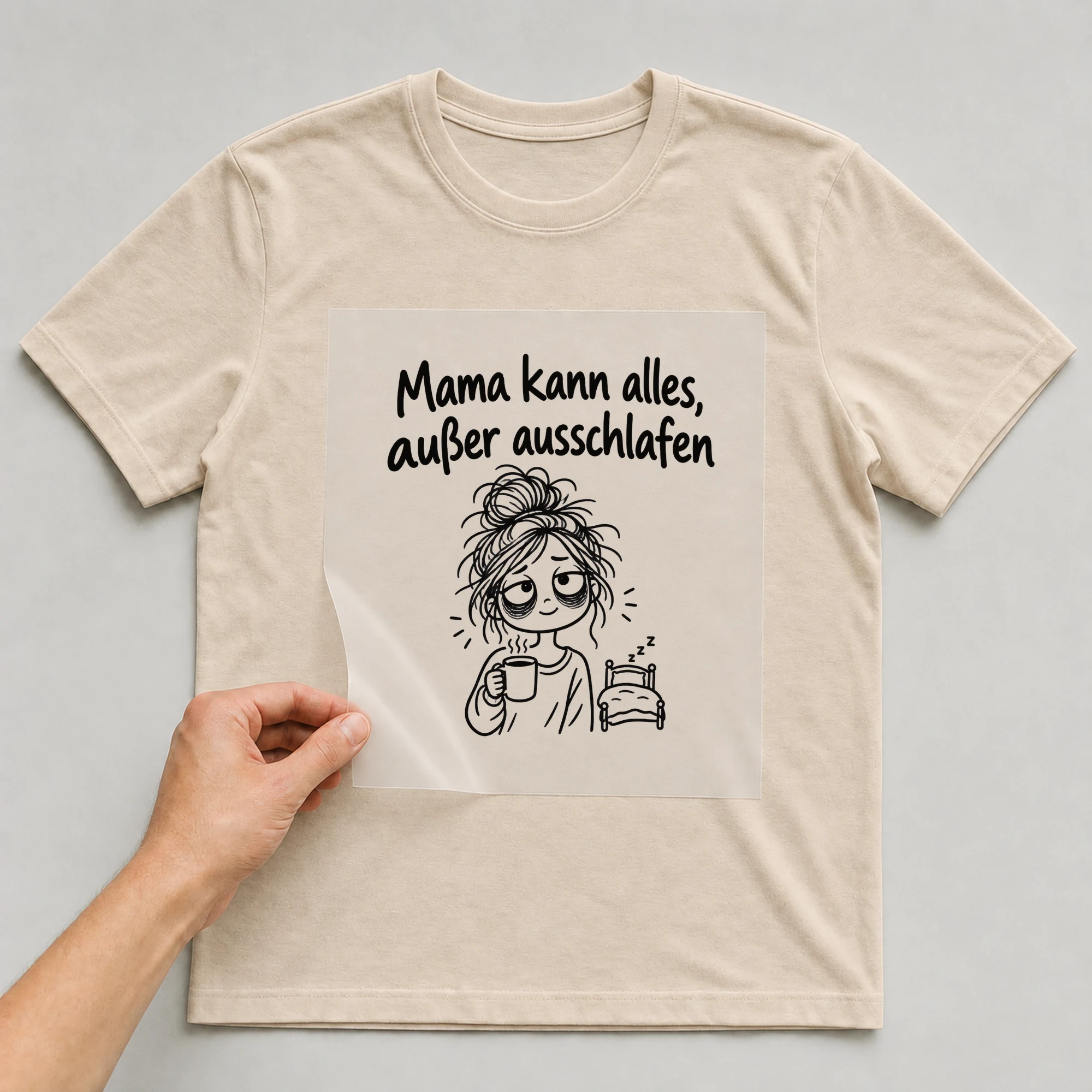 Bügelbild „Mama kann alles, außer ausschlafen“ auf beigem T-Shirt, Folie wird aufgelegt