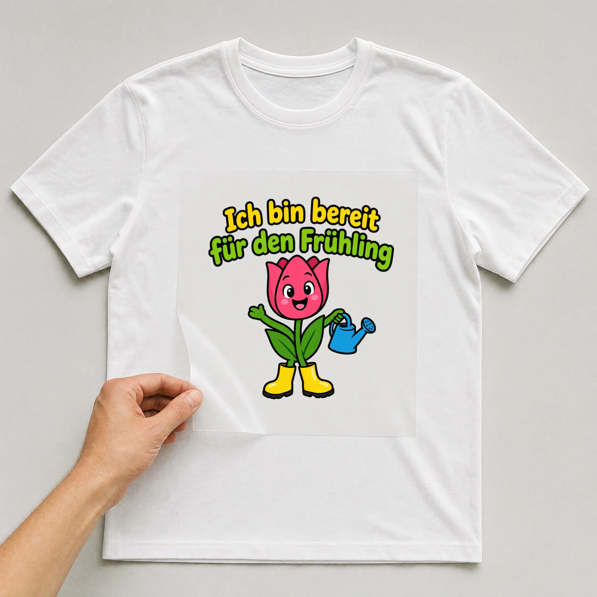 Bügelbild „Ich bin bereit für den Frühling“ auf weißem T-Shirt, Folie wird aufgelegt