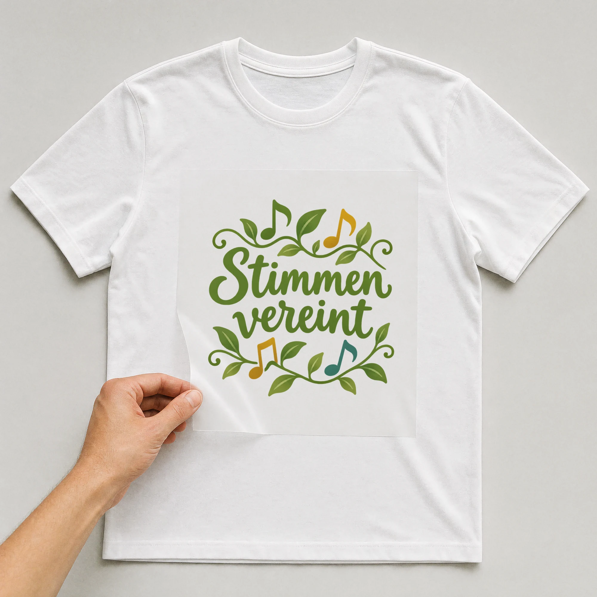 Bügelbild „Stimmen vereint“ auf weißem T-Shirt, Folie wird aufgelegt