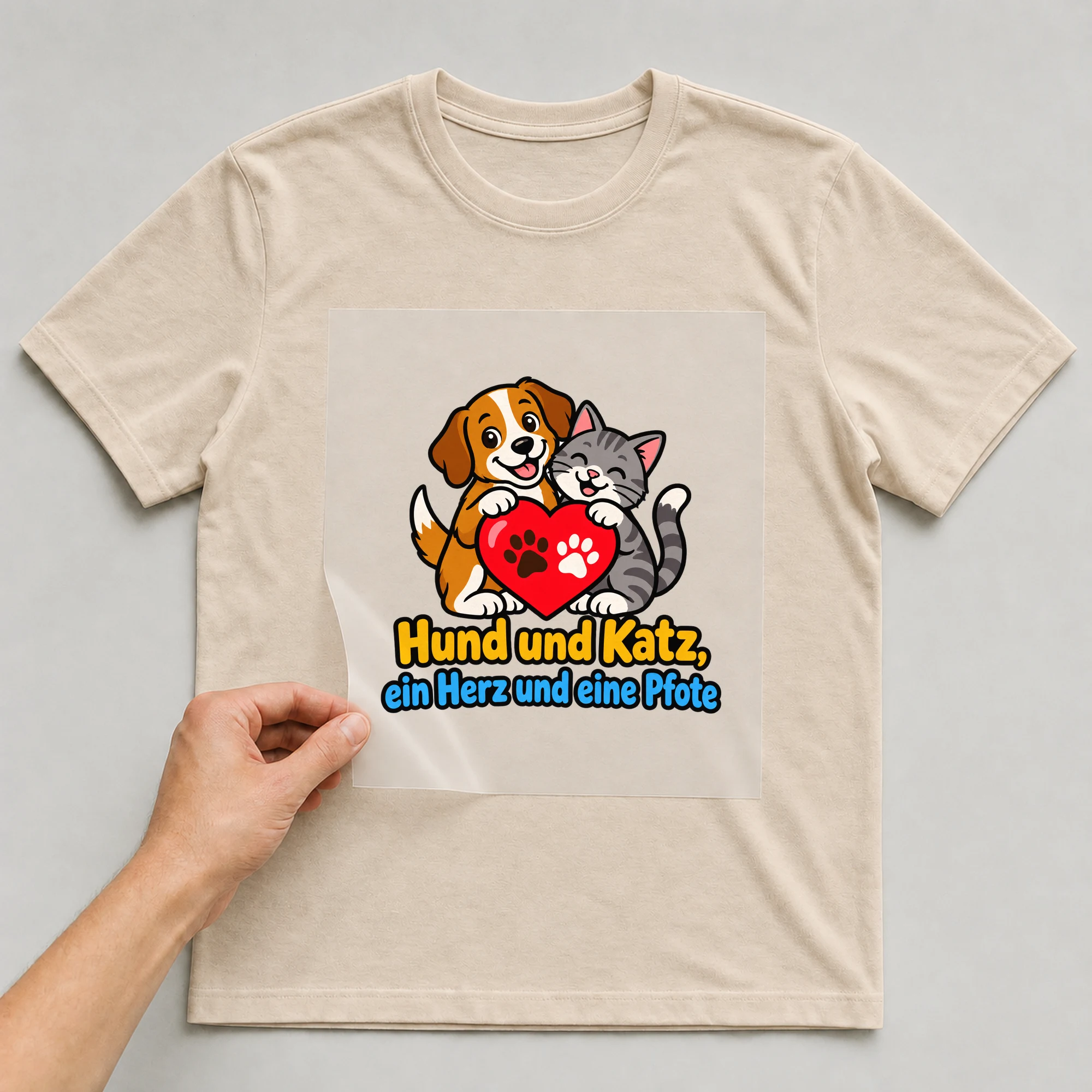 Bügelbild „Hund und Katz, ein Herz und eine Pfote“ auf beigem T-Shirt, Folie wird aufgelegt