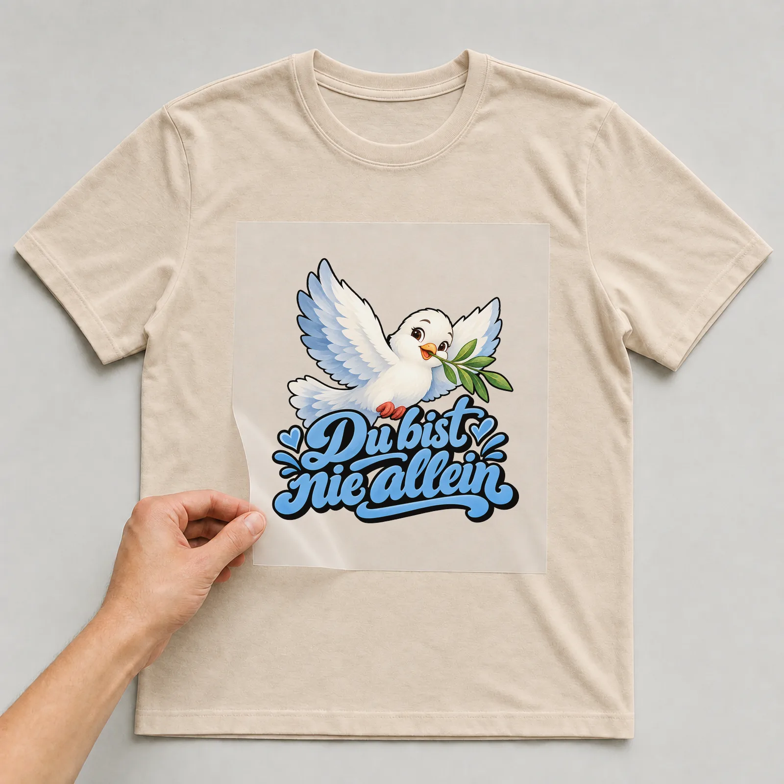 Bügelbild „Du bist nie allein“ auf beigem T-Shirt, Folie wird aufgelegt