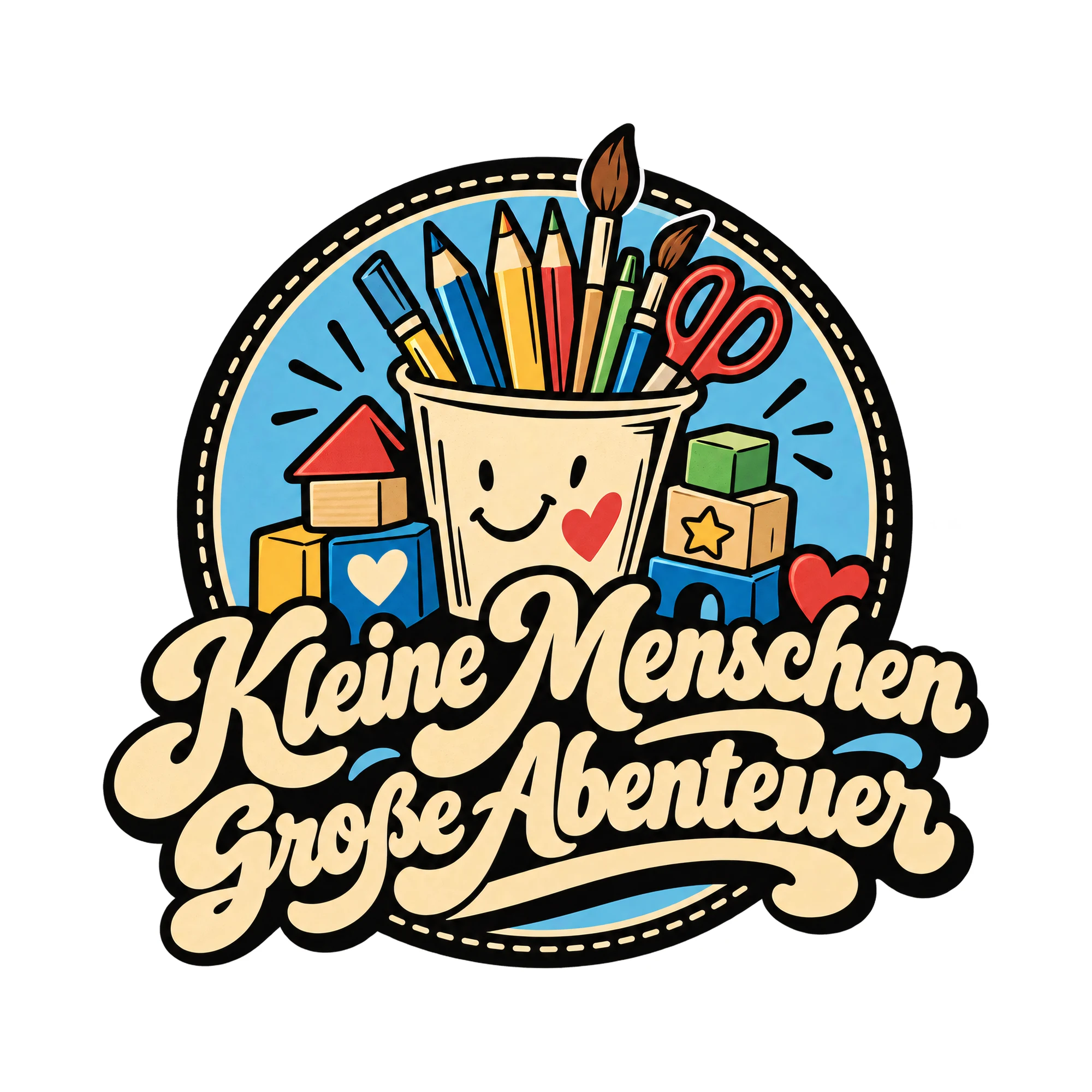Bügelbild Kleine Menschen große Abenteuer als Grafik auf weißem Hintergrund (BB011586)