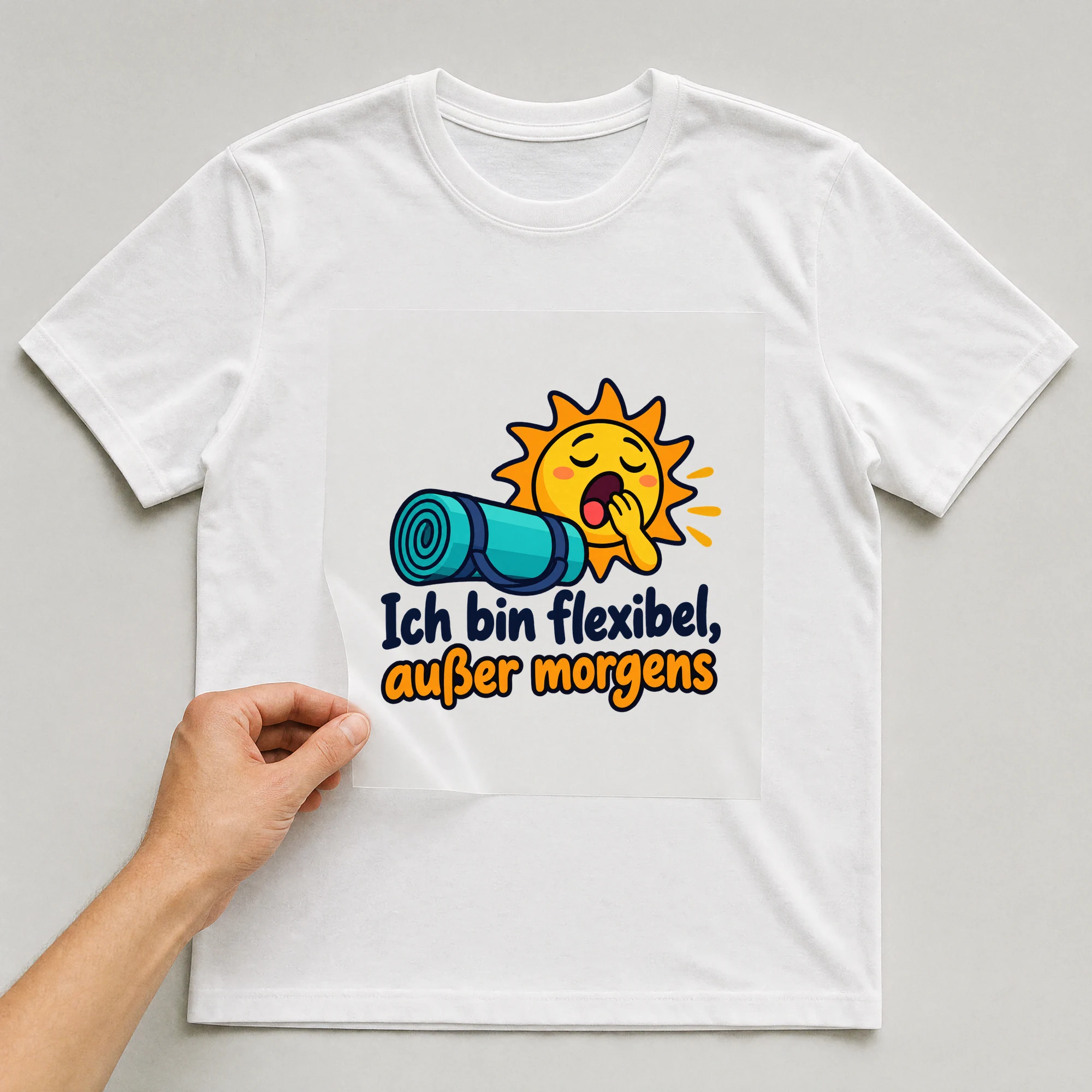 Bügelbild „Ich bin flexibel, außer morgens“ auf weißem T-Shirt, Folie wird aufgelegt