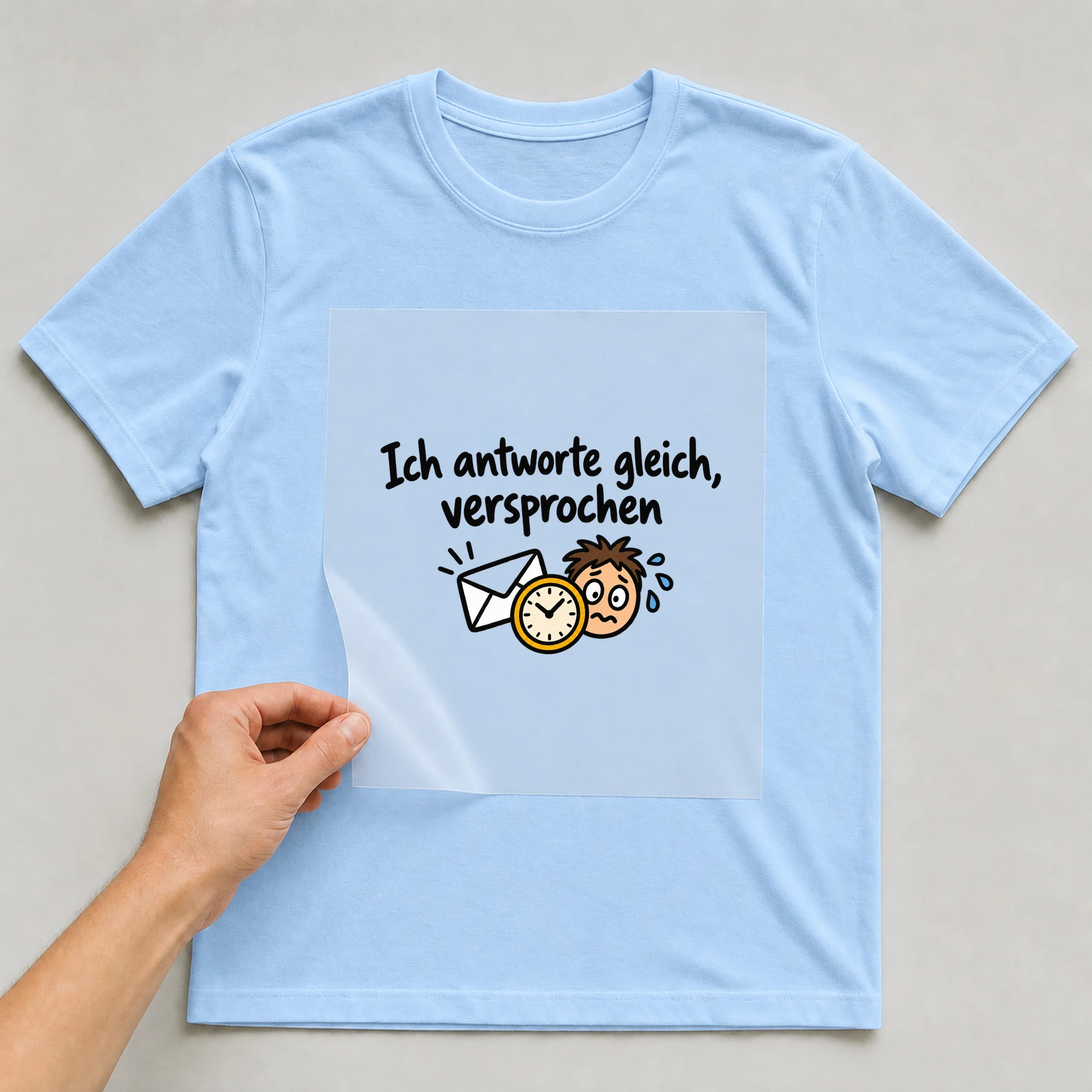 Bügelbild „Ich antworte gleich, versprochen“ auf babyblauem T-Shirt, Folie wird aufgelegt