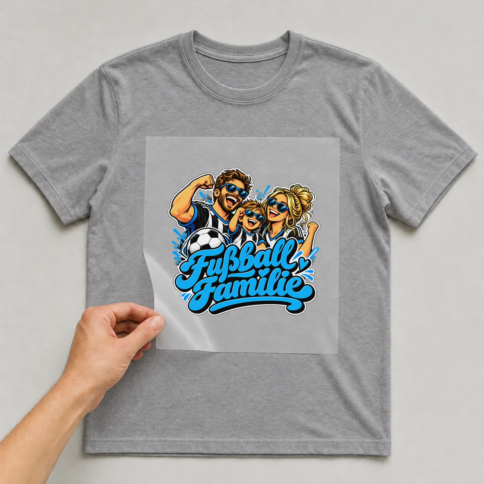 Bügelbild „Fußball Familie“ auf grauem T-Shirt, Folie wird aufgelegt