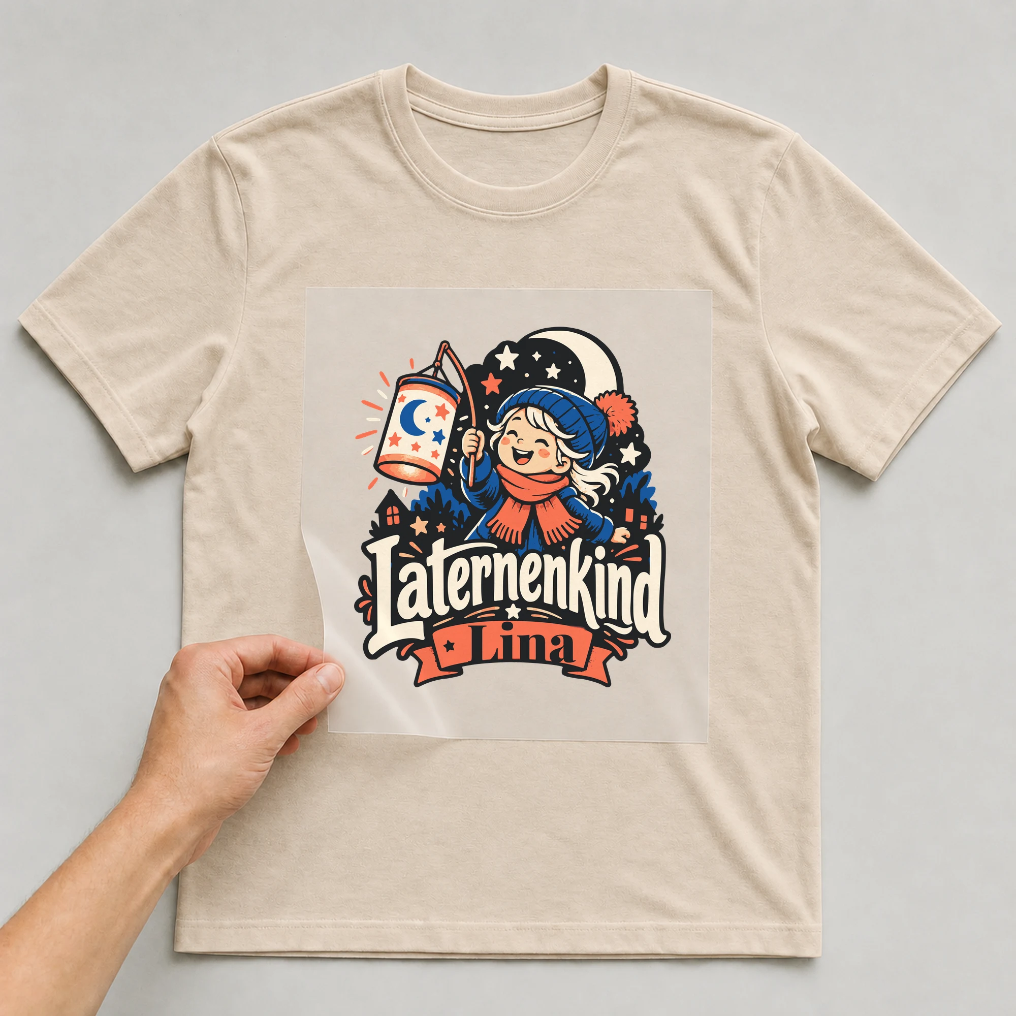 Bügelbild Laternenkind mit Name auf beigem T-Shirt, Folie wird aufgelegt
