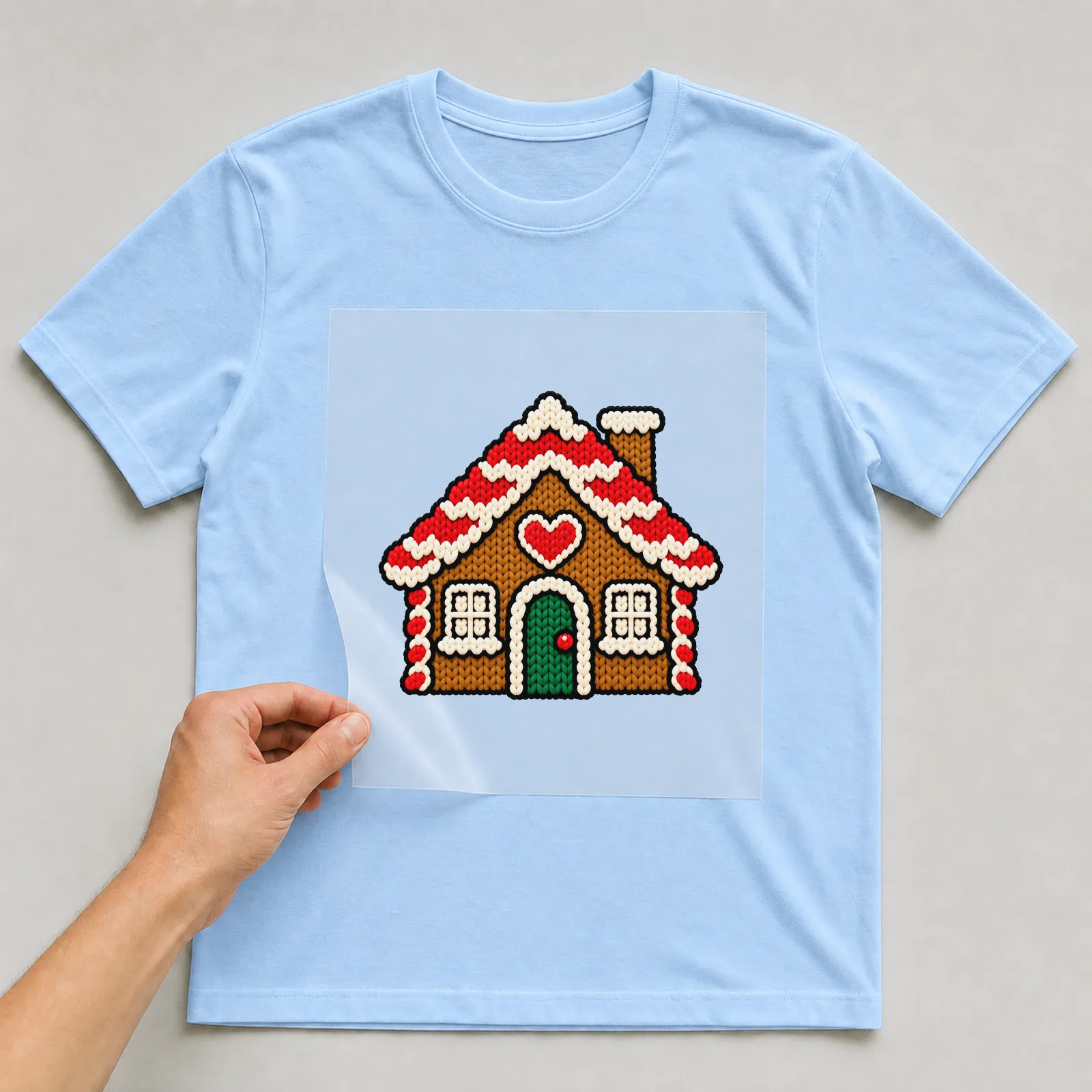 Bügelbild Lebkuchenhaus auf hellblauem T-Shirt, Folie wird aufgelegt