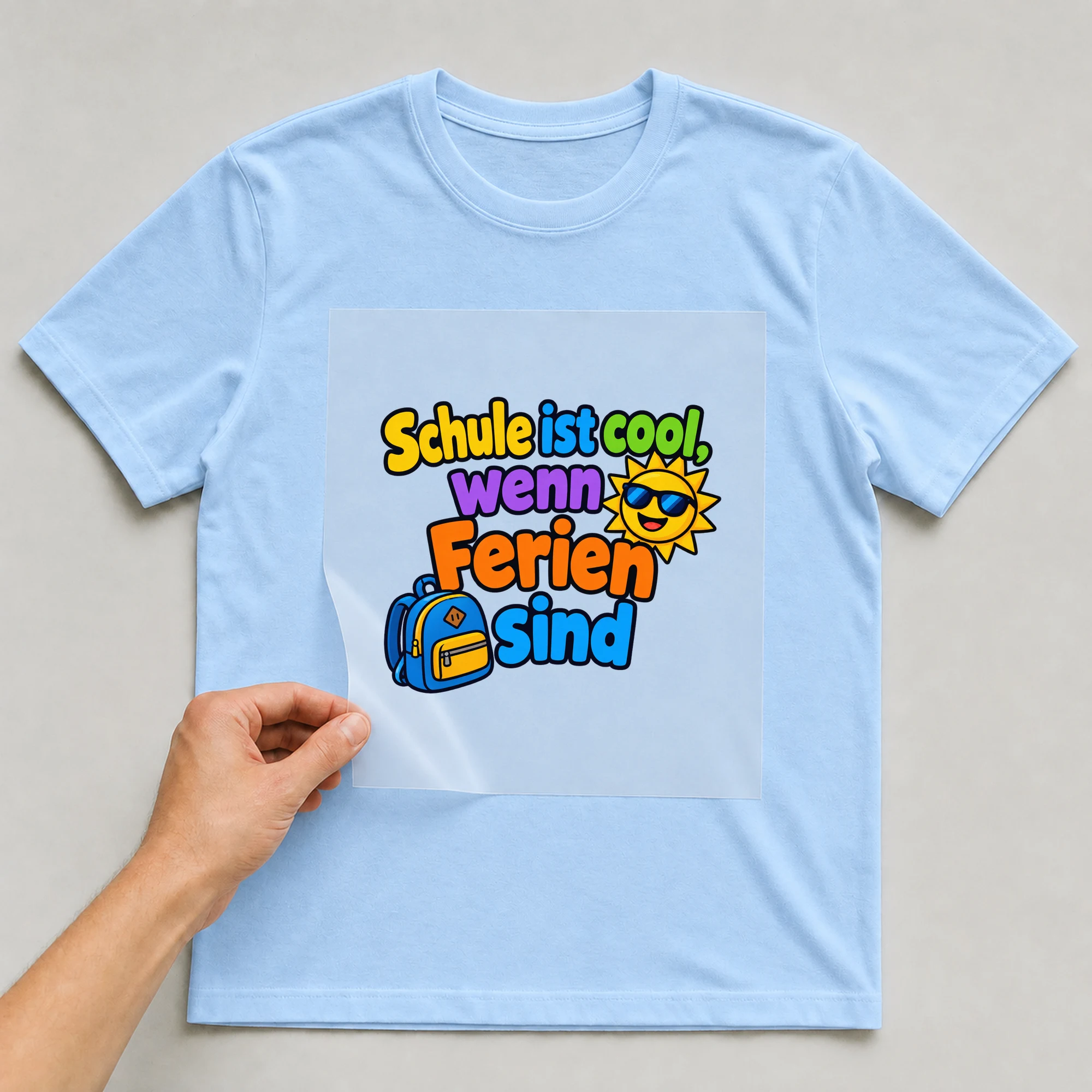 Bügelbild „Schule ist cool, wenn Ferien sind“ auf babyblauem T-Shirt, Folie wird aufgelegt