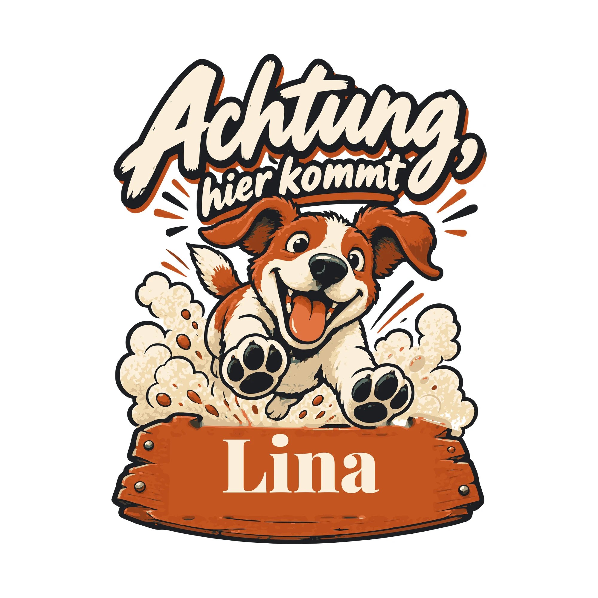 Bügelbild Achtung, hier kommt mit Name als Grafik auf weißem Hintergrund (BB011147)
