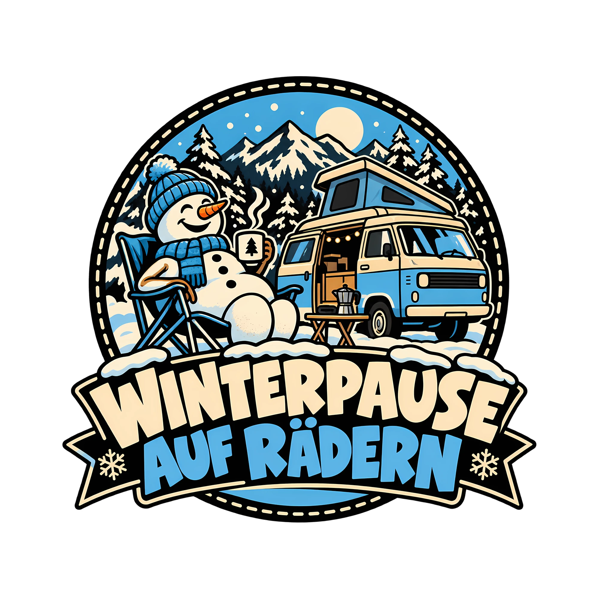 Bügelbild Winterpause auf Rädern als Grafik auf weißem Hintergrund (BB013634)