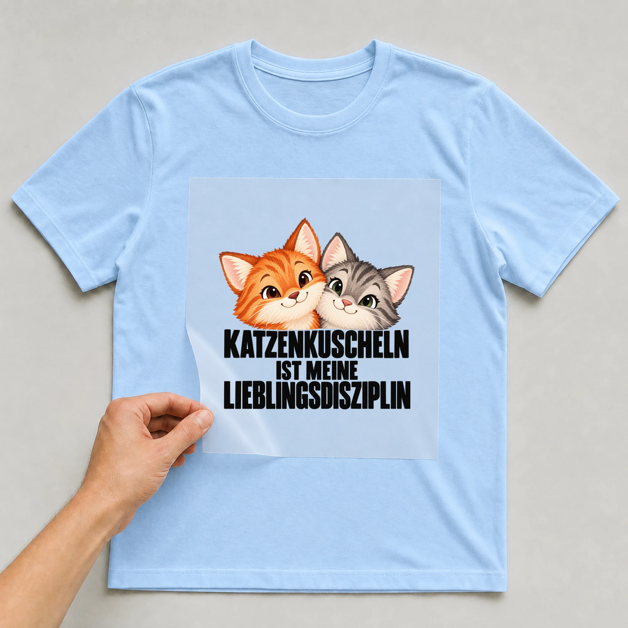 Bügelbild „Katzenkuscheln Ist Meine Lieblingsdisziplin“ auf babyblauem T-Shirt, Folie wird aufgelegt