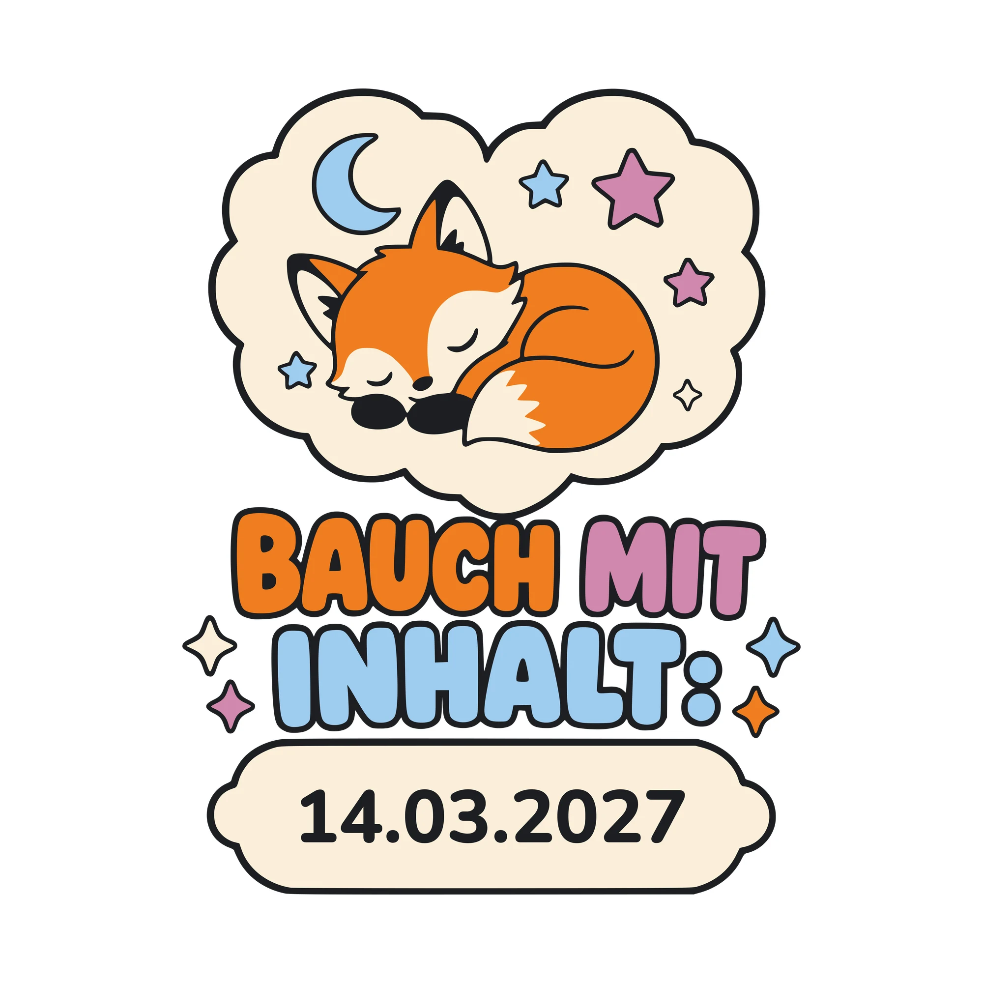 Bügelbild Bauch mit Inhalt mit Datum als Grafik auf weißem Hintergrund (BB010550)