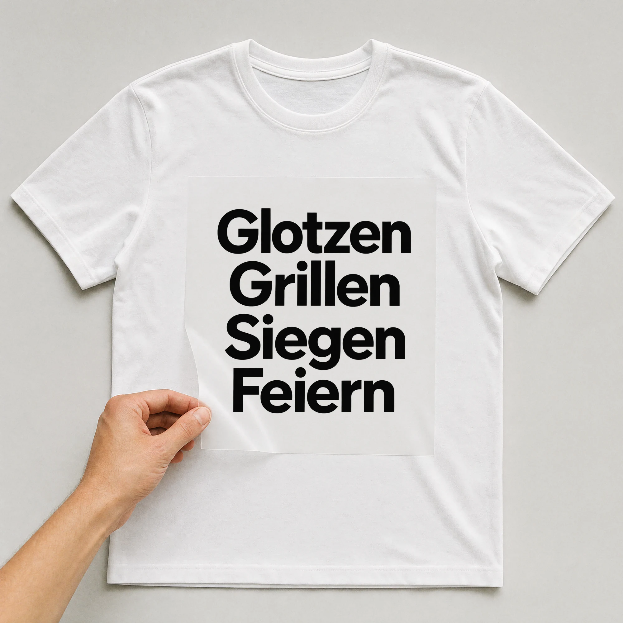 Bügelbild „Glotzen Grillen Siegen Feiern“ auf weißem T-Shirt, Folie wird aufgelegt