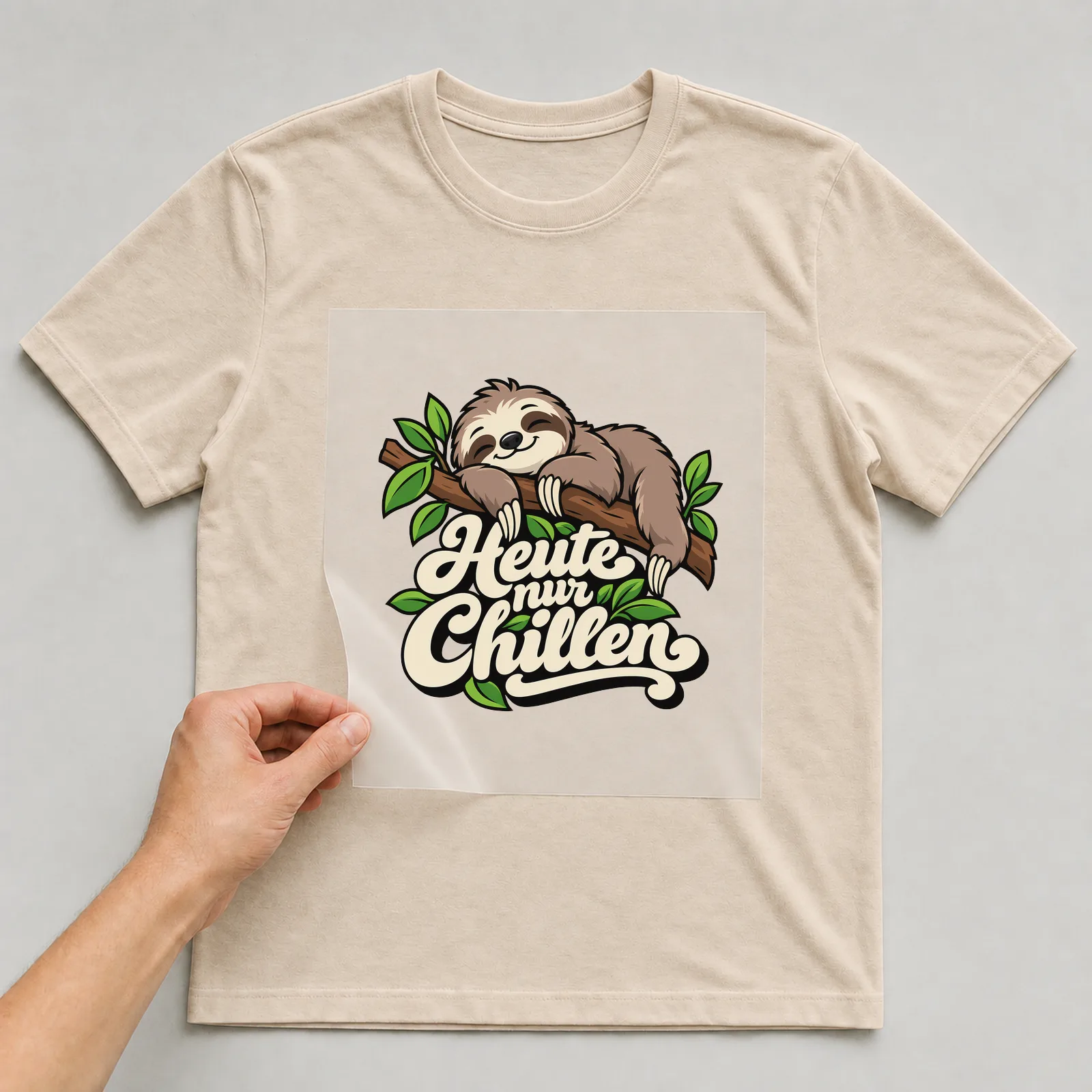 Bügelbild „Heute nur chillen“ auf beigem T-Shirt, Folie wird aufgelegt