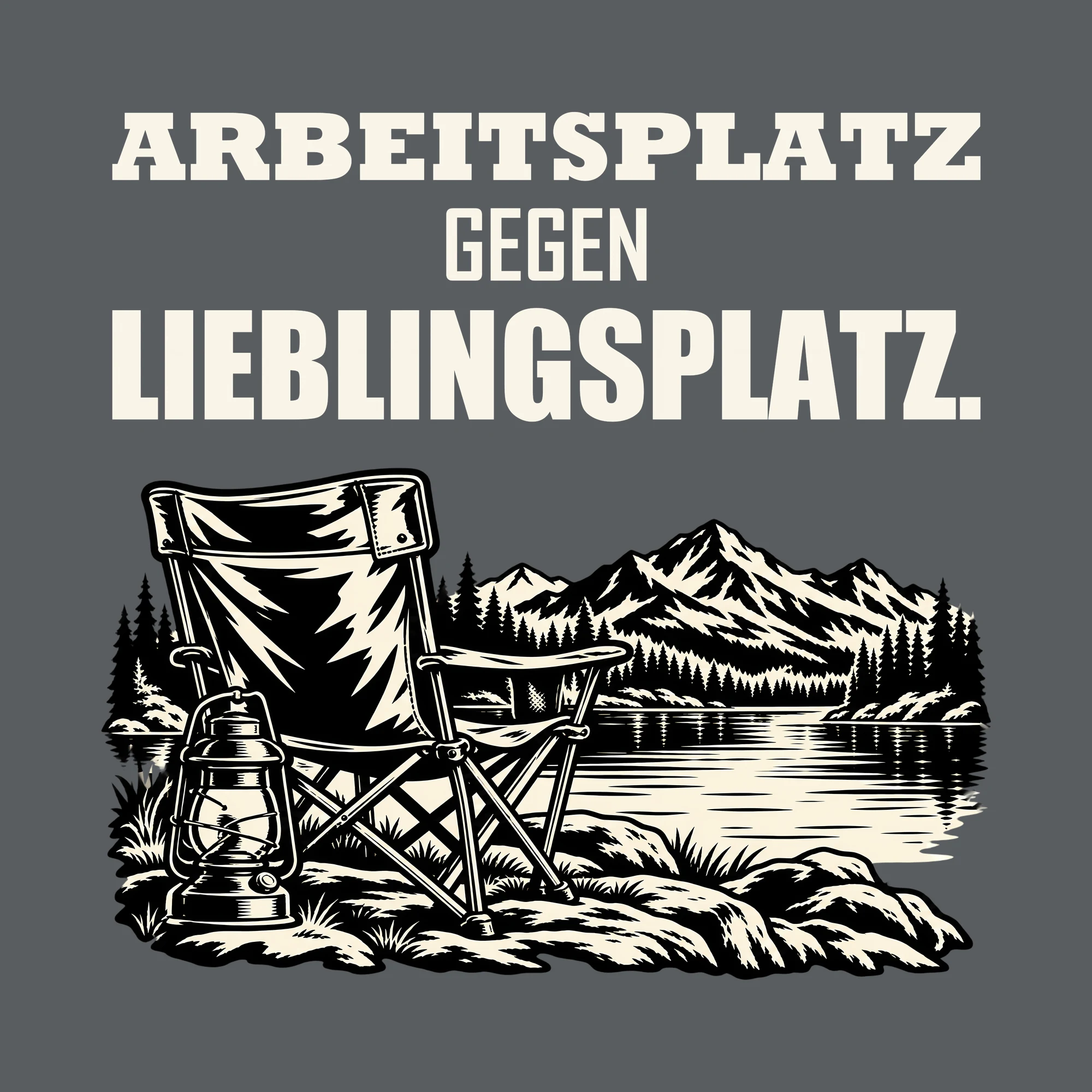 Bügelbild ARBEITSPLATZ GEGEN LIEBLINGSPLATZ. als Grafik auf dunklem Hintergrund (BB011541)
