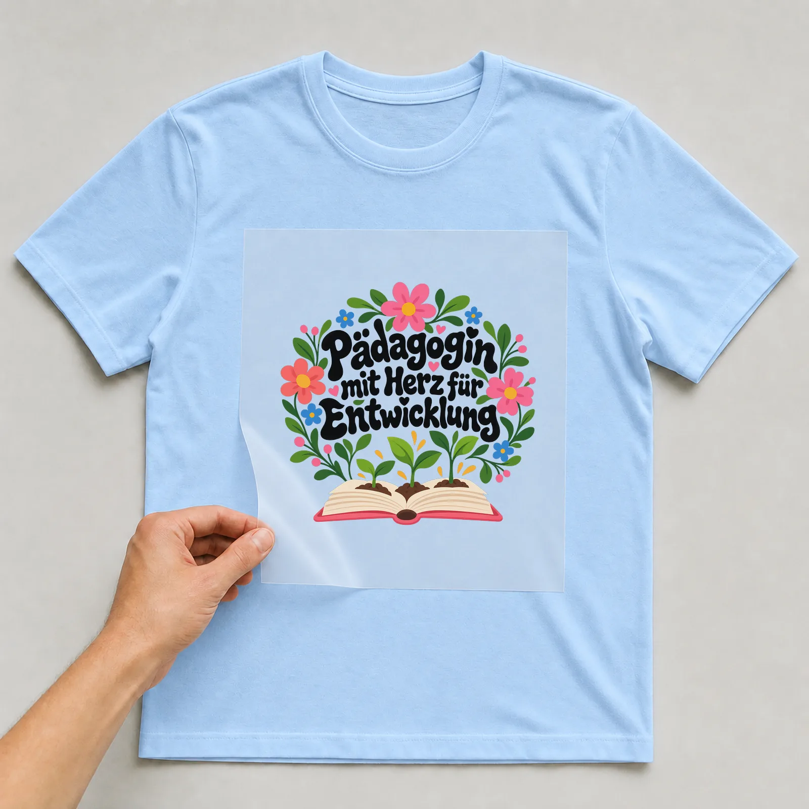 Bügelbild „Pädagogin mit Herz für Entwicklung“ auf hellblauem T-Shirt, Folie wird aufgelegt