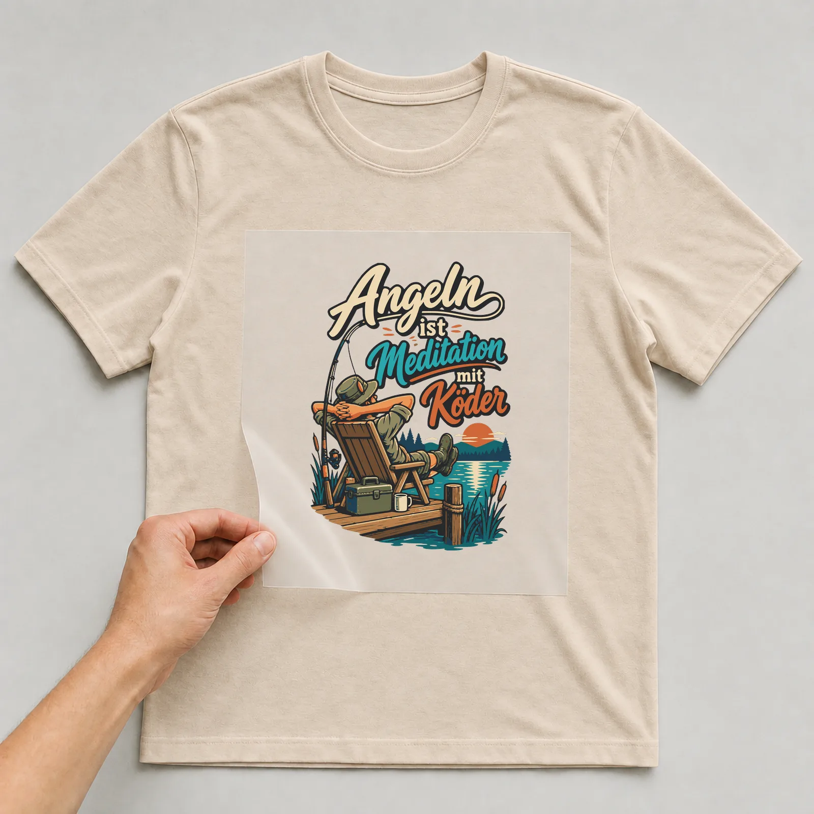 Bügelbild Angeln ist Meditation mit Köder auf beigem T-Shirt, Folie wird aufgelegt