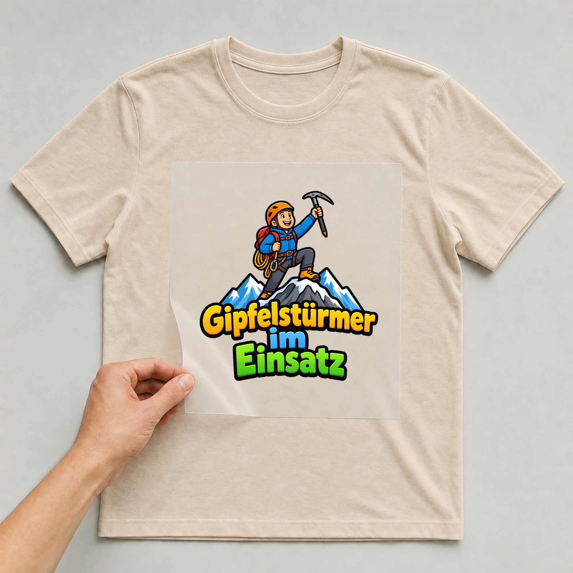 Bügelbild „Gipfelstuermer im einsatz“ auf beigem T-Shirt, Folie wird aufgelegt