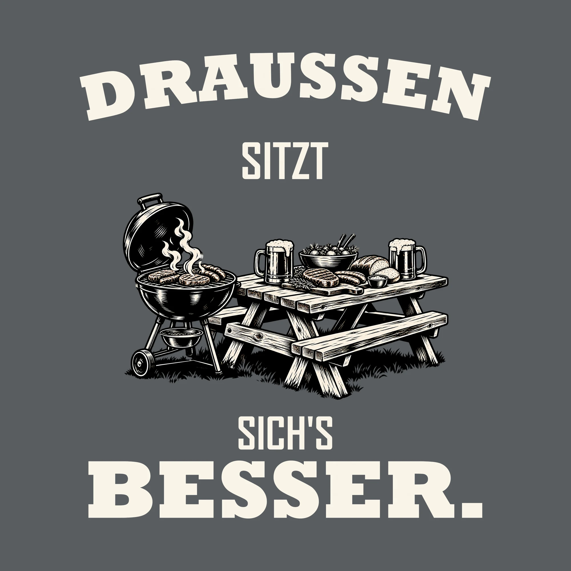 Bügelbild DRAUSSEN SITZT SICH'S BESSER. als Grafik auf dunklem Hintergrund (BB012045)