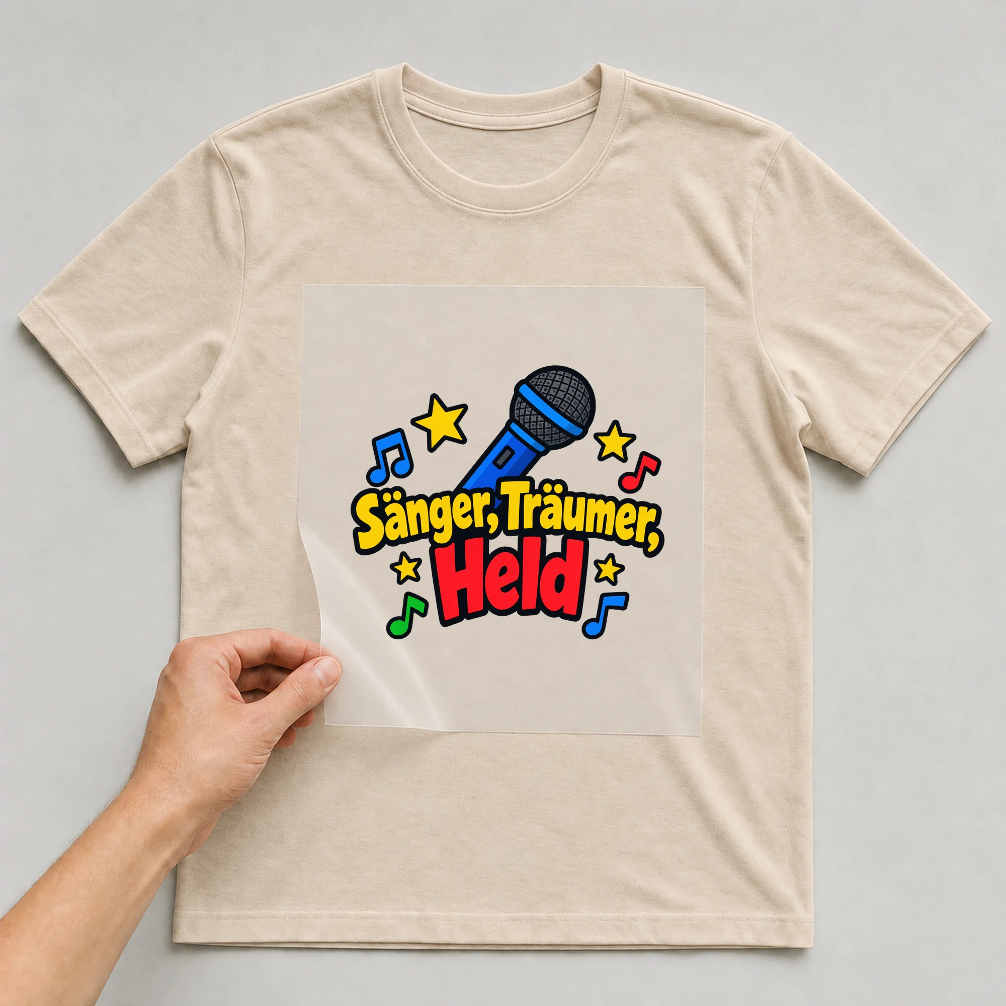 Bügelbild „Sänger, Träumer, Held“ auf beigem T-Shirt, Folie wird aufgelegt