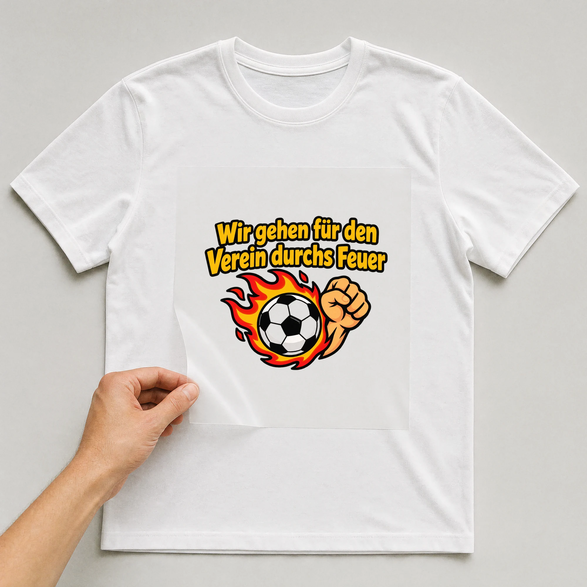 Bügelbild „Wir gehen für den Verein durchs Feuer“ auf weißem T-Shirt, Folie wird aufgelegt