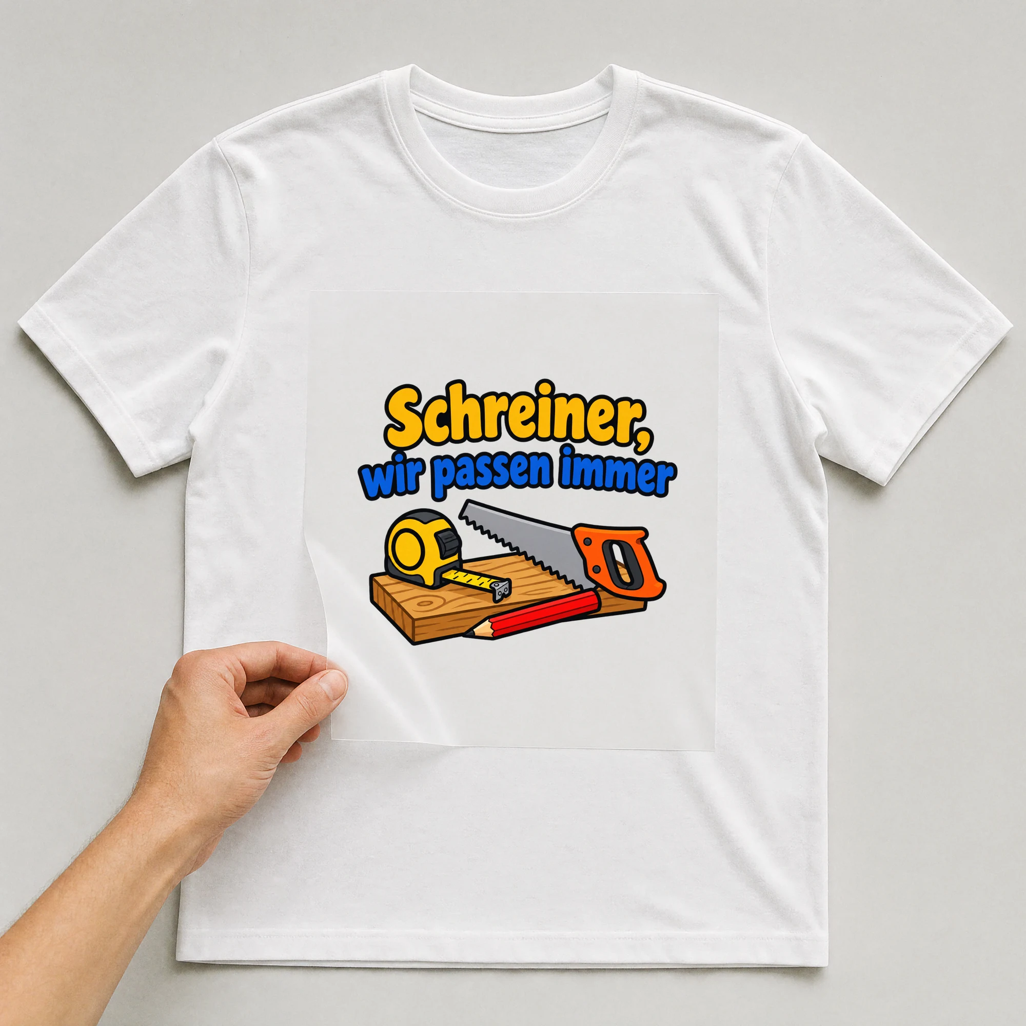 Bügelbild „Schreiner, wir passen immer“ auf weißem T-Shirt, Folie wird aufgelegt