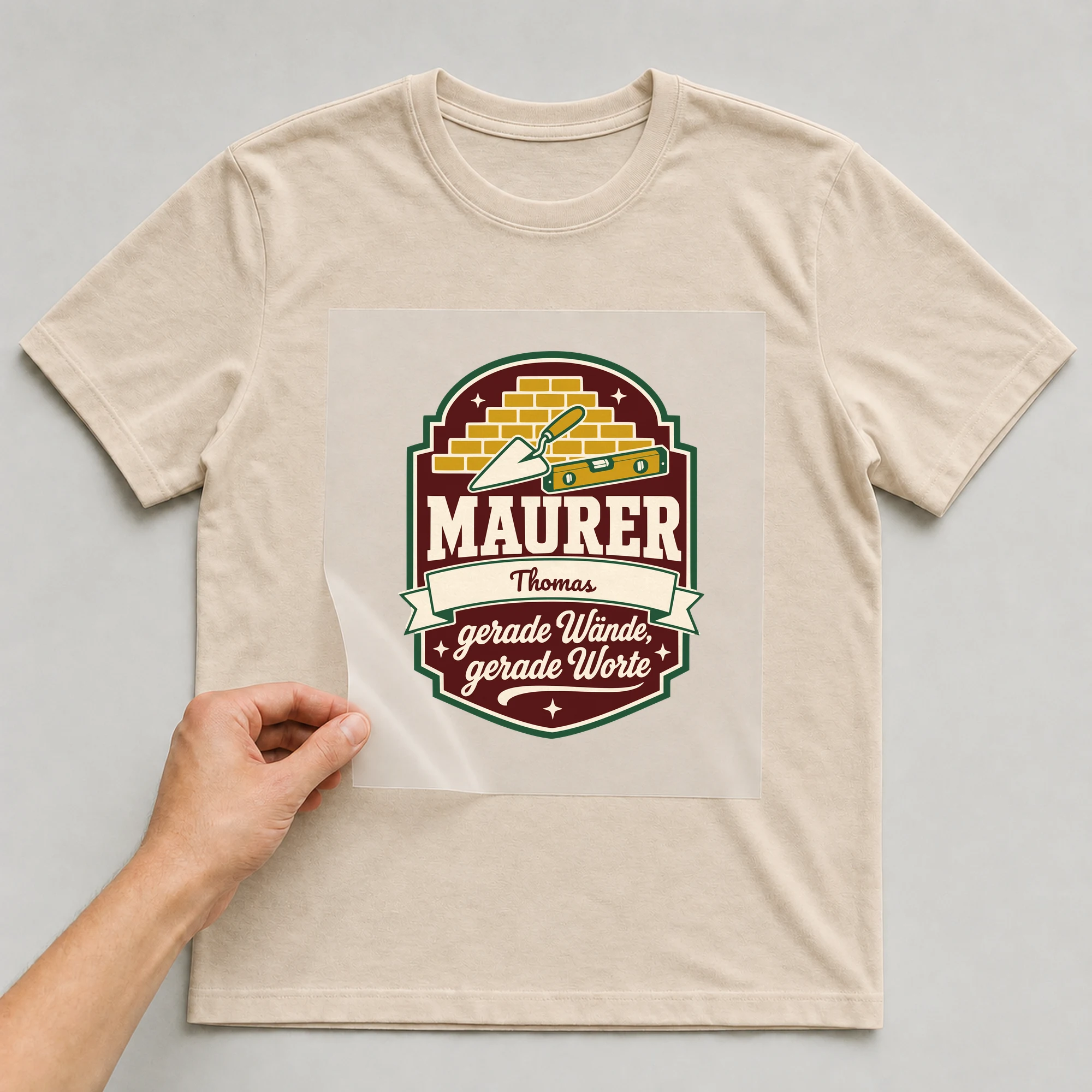 Bügelbild Maurer: gerade Wände, gerade Worte mit Name auf beigem T-Shirt, Folie wird aufgelegt