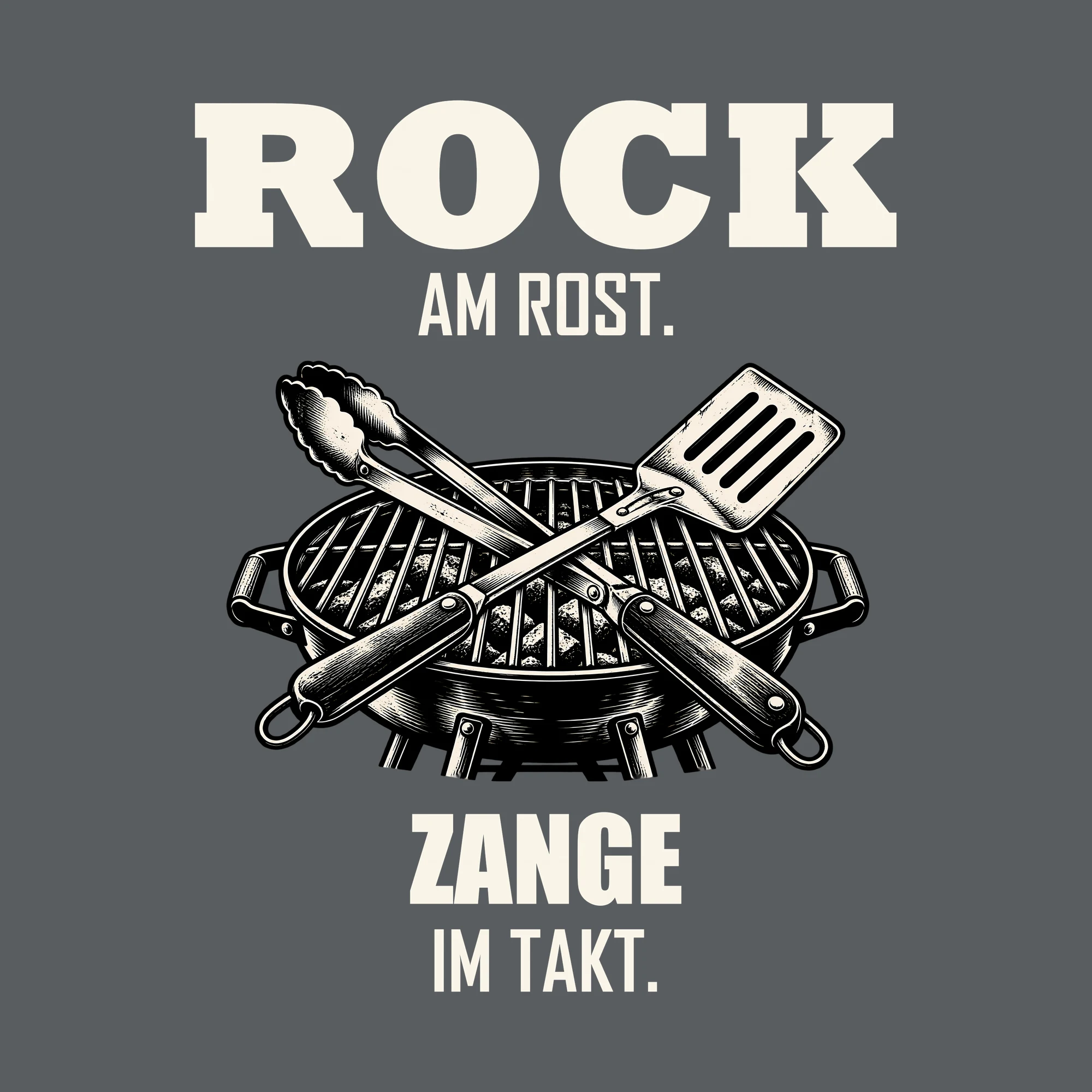 Bügelbild ROCK AM ROST. ZANGE IM TAKT. als Grafik auf dunklem Hintergrund (BB012041)