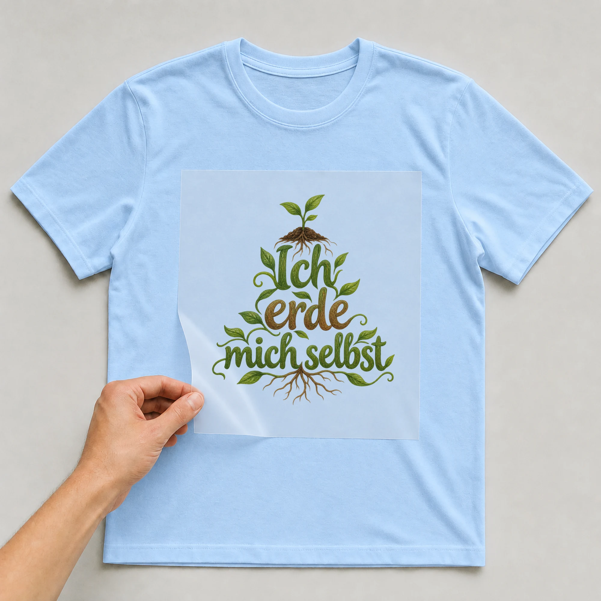 Bügelbild „Ich erde mich selbst“ auf babyblauem T-Shirt, Folie wird aufgelegt