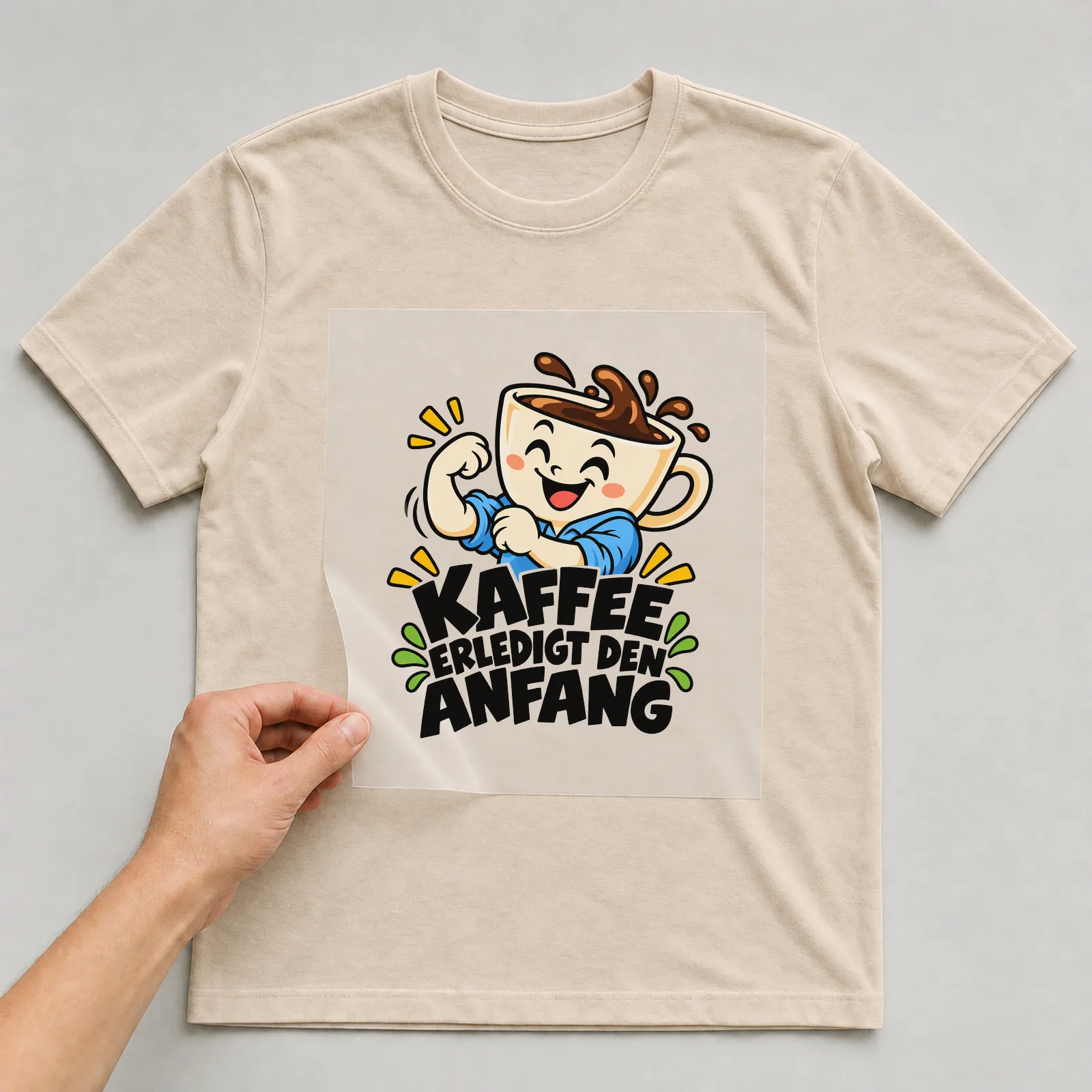 Bügelbild „Kaffee erledigt den Anfang“ auf beigem T-Shirt, Folie wird aufgelegt
