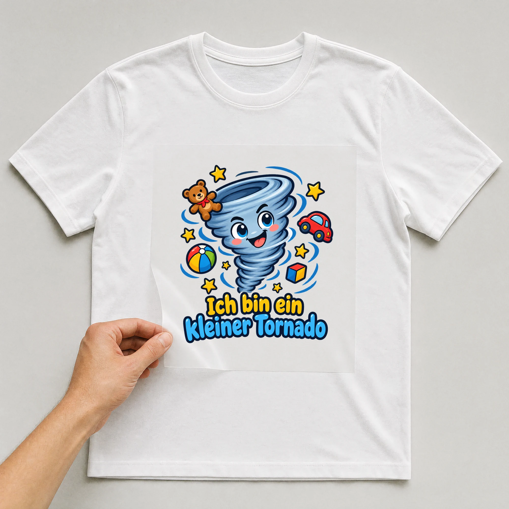 Bügelbild „Ich bin ein kleiner Tornado“ auf weißem T-Shirt, Folie wird aufgelegt