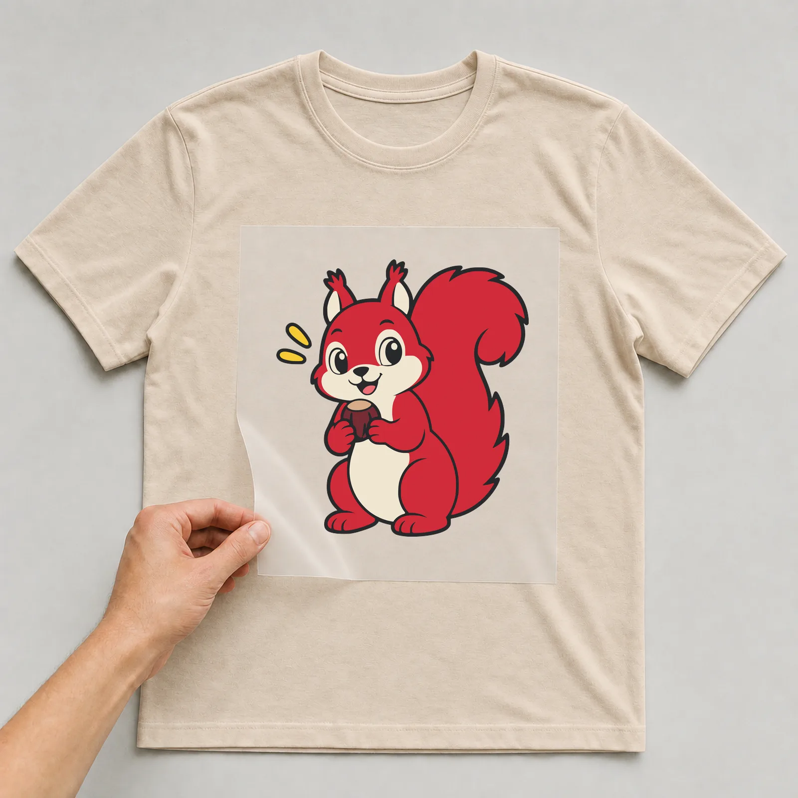 Bügelbild Eichhörnchen im Comic-Stil auf beigem T-Shirt, Folie wird aufgelegt