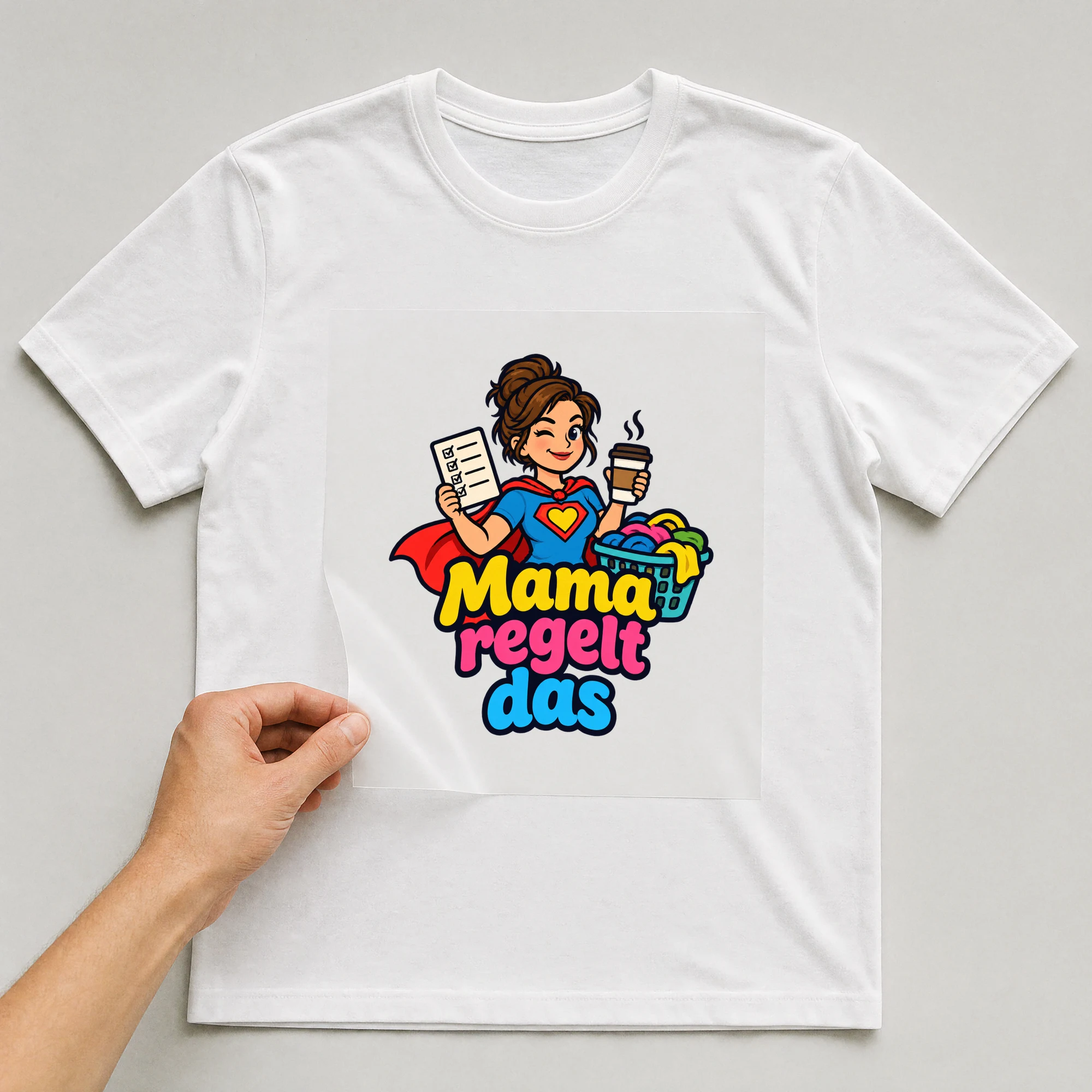 Bügelbild „Mama regelt das“ auf weißem T-Shirt, Folie wird aufgelegt