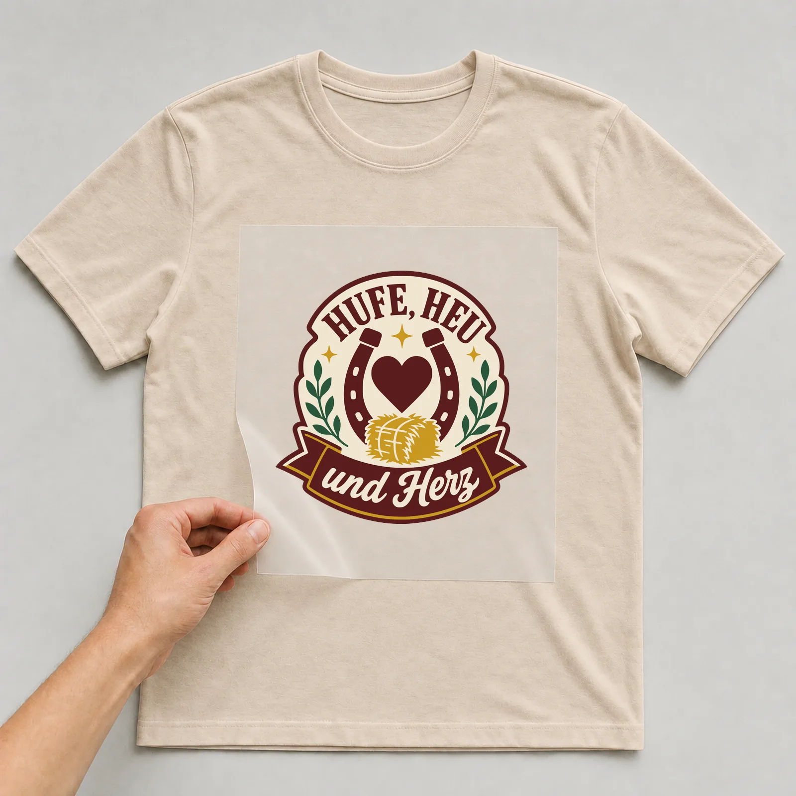 Bügelbild Hufe, Heu und Herz auf beigem T-Shirt, Folie wird aufgelegt