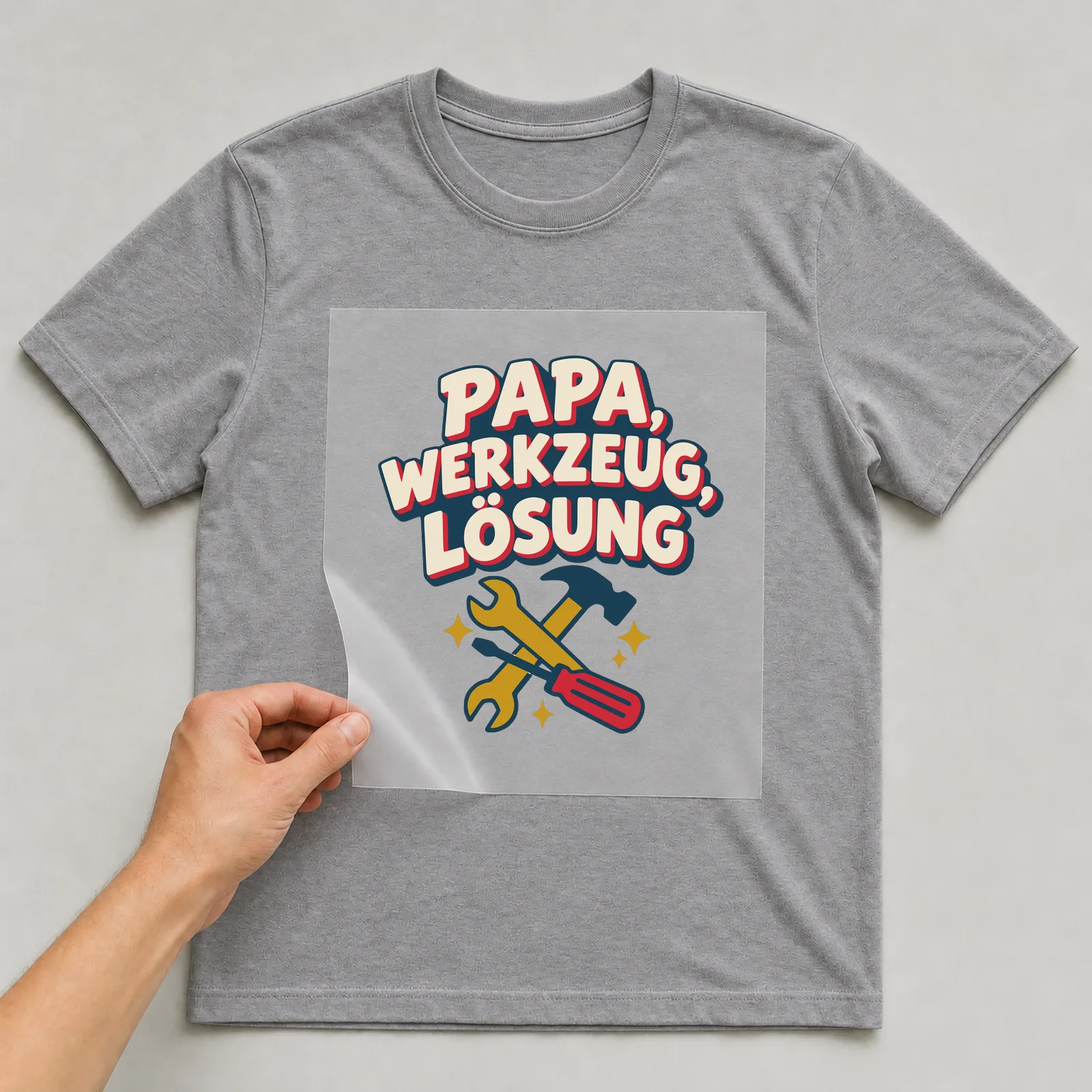 Bügelbild Papa, Werkzeug, Lösung auf grauem T-Shirt, Folie wird aufgelegt