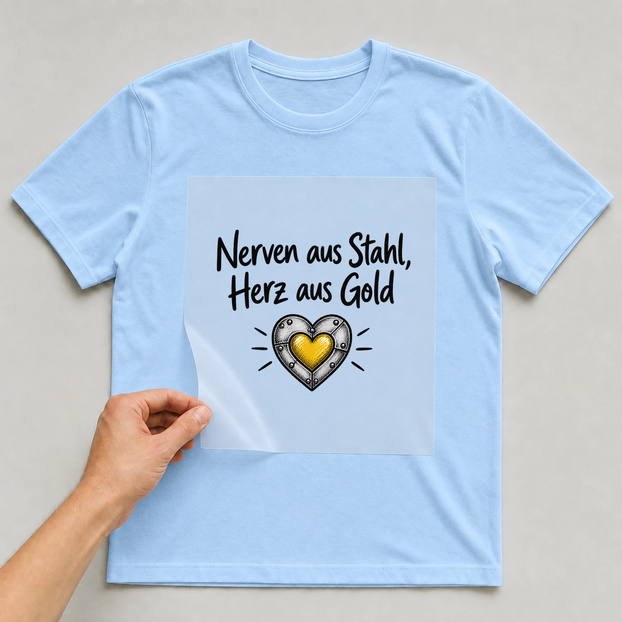Bügelbild „Nerven aus Stahl, Herz aus Gold“ auf babyblauem T-Shirt, Folie wird aufgelegt