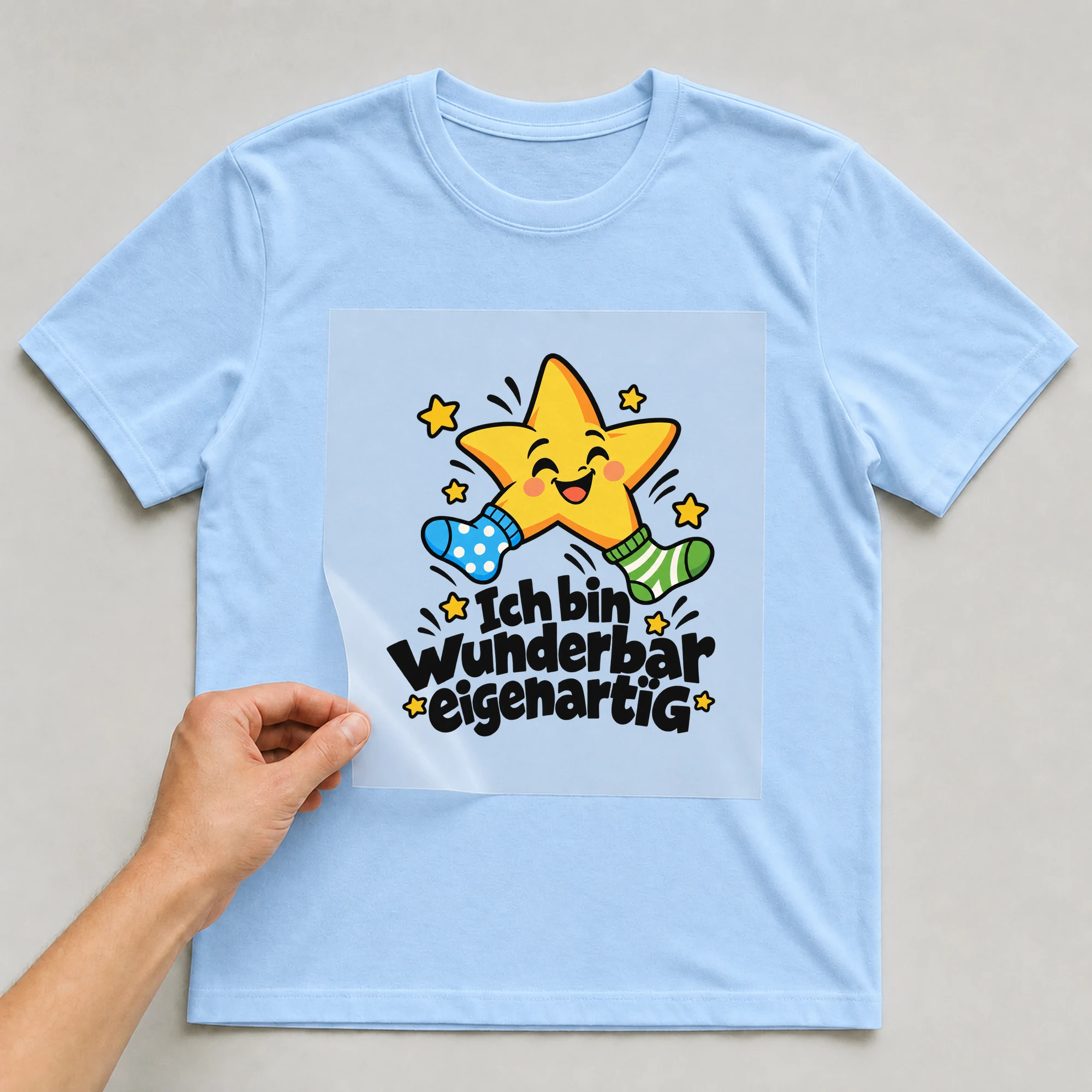 Bügelbild „Ich bin wunderbar eigenartig“ auf hellblauem T-Shirt, Folie wird aufgelegt