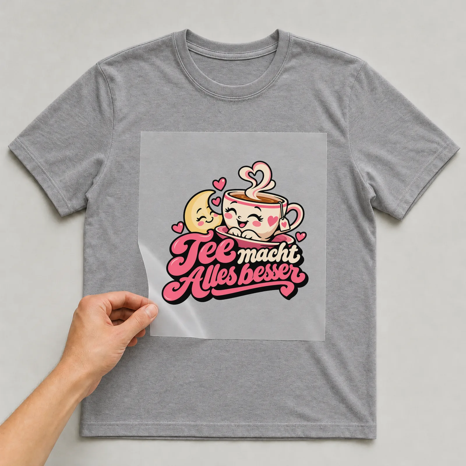 Bügelbild „Tee macht alles besser“ auf grauem T-Shirt, Folie wird aufgelegt