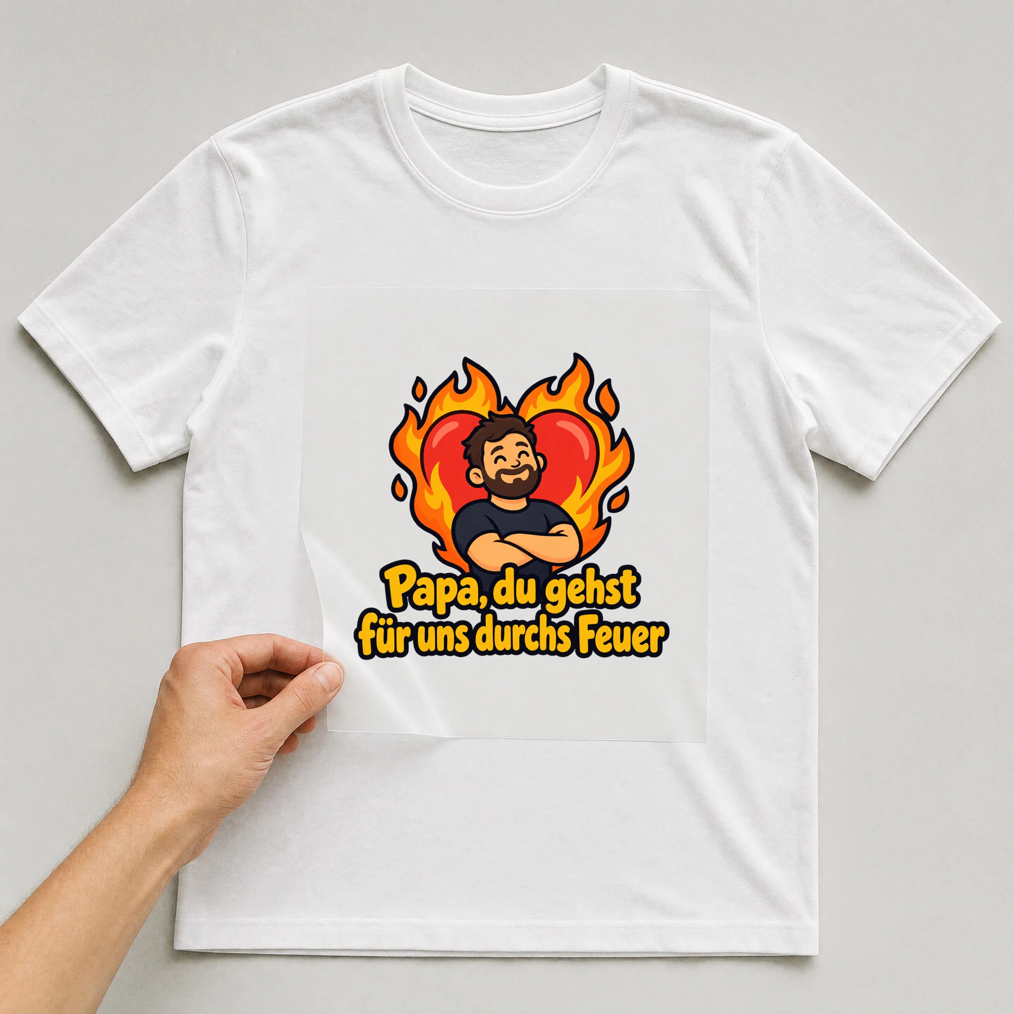 Bügelbild „Papa, du gehst für uns durchs Feuer“ auf weißem T-Shirt, Folie wird aufgelegt